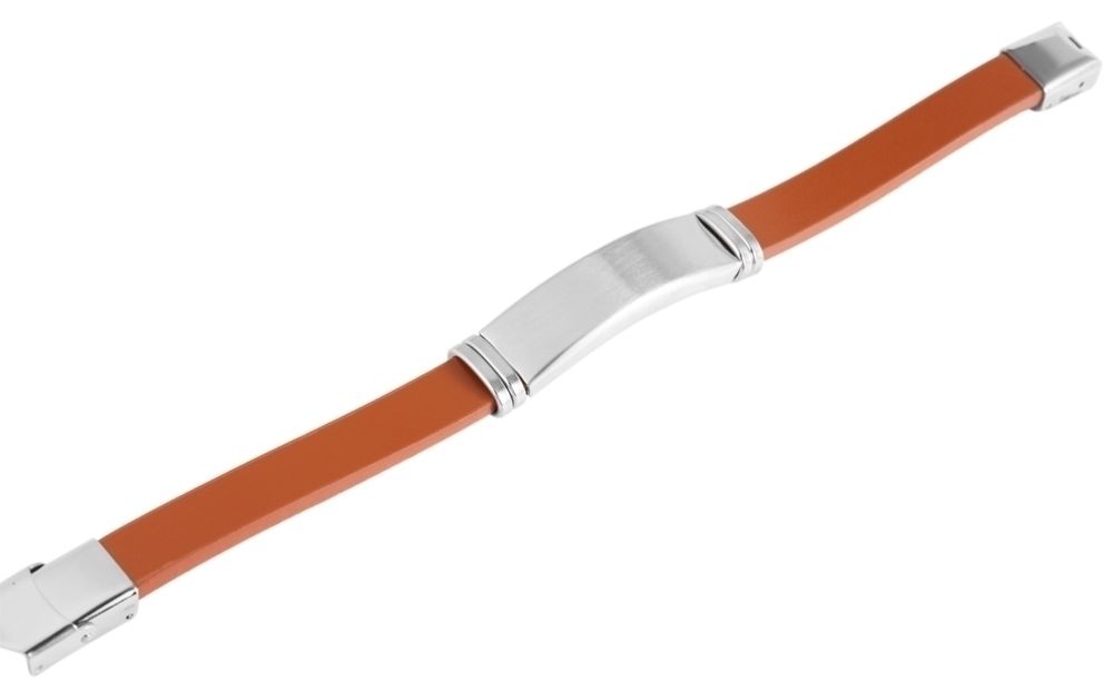 "Lino", Akzent Armband, Echtleder, Edelstahlgravurplatte, braun/silberfarben, 21 cm
