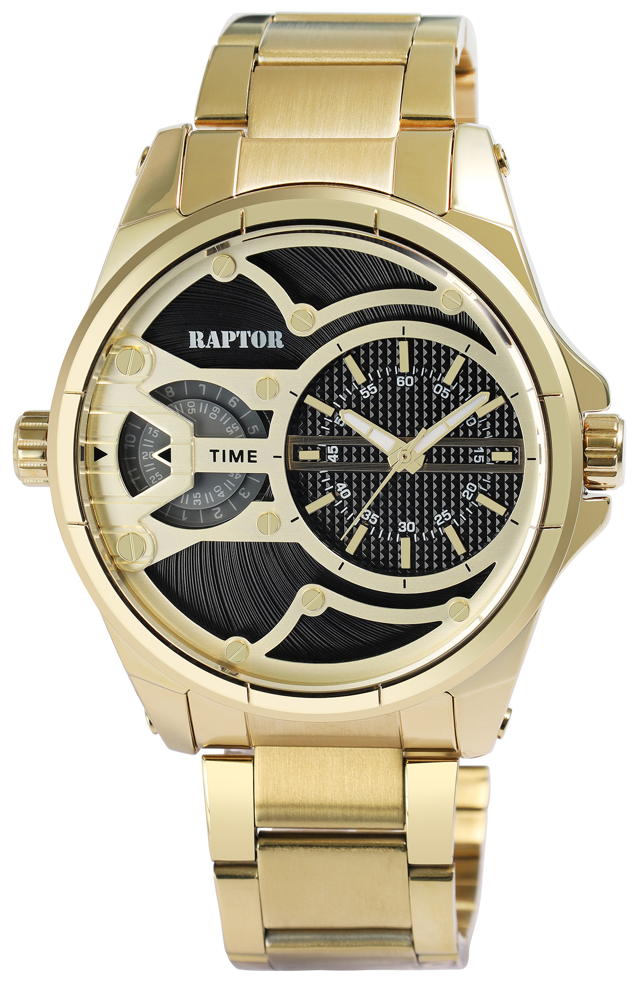 RAPTOR Herrenuhr "Gabriel" mit 2 Uhrwerken, Edelstahlband, 3ATM, goldfarben/ Schwarz