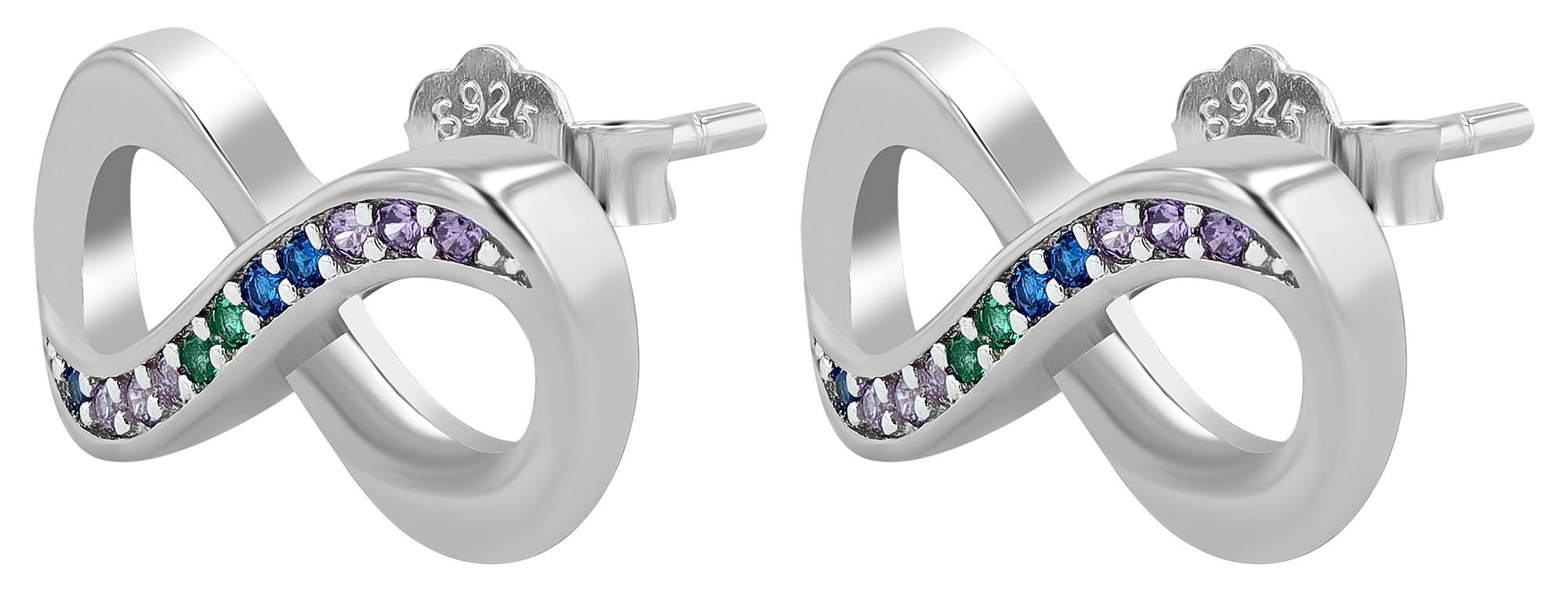 925/- Echt Silber Ohrstecker, Infinity, mehrfarbiger Zirkoniabesatz, rhodiniert
