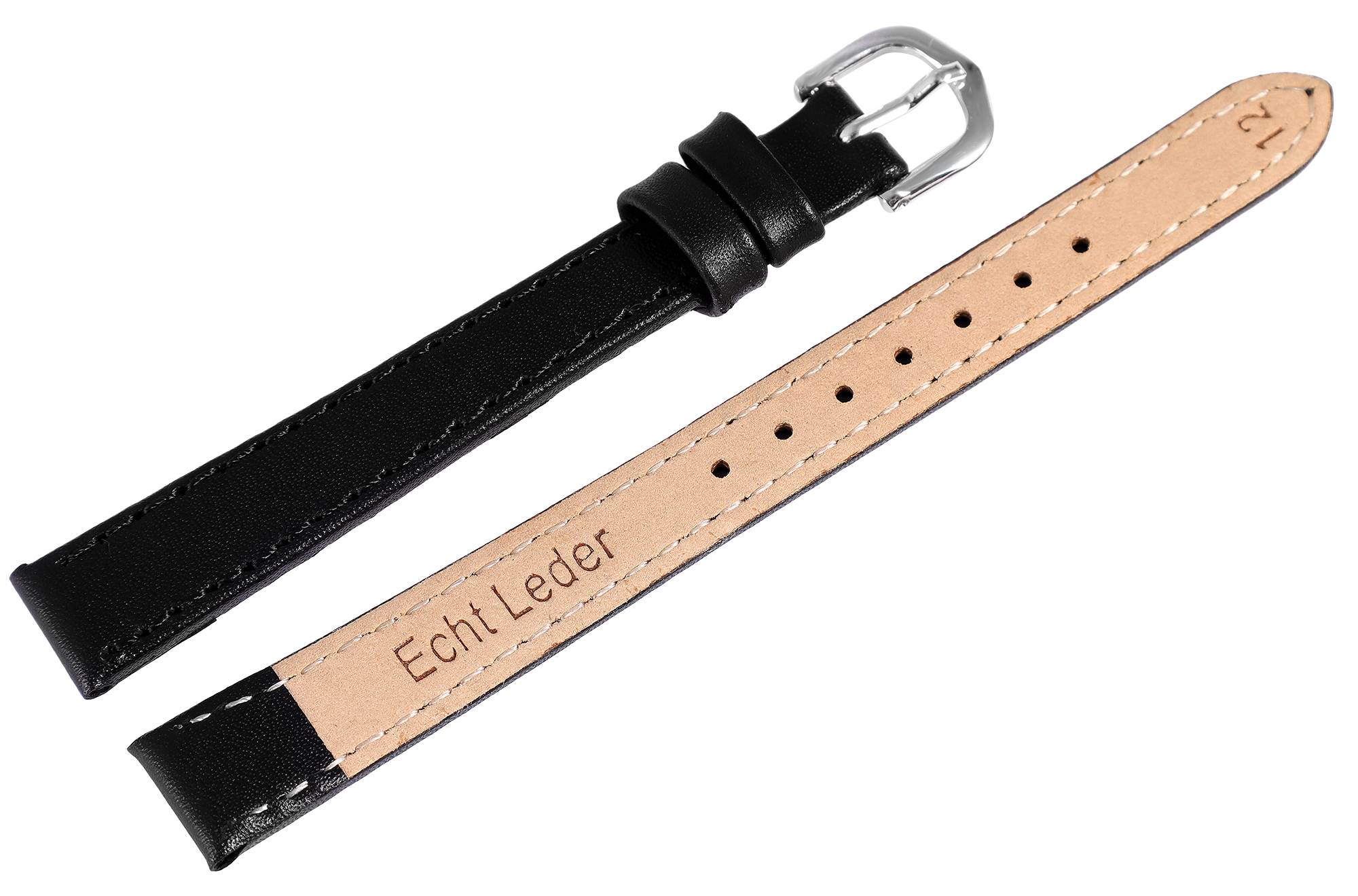 Echtleder-Uhrenarmband "super-soft", schwarz, Naht, 12 mm