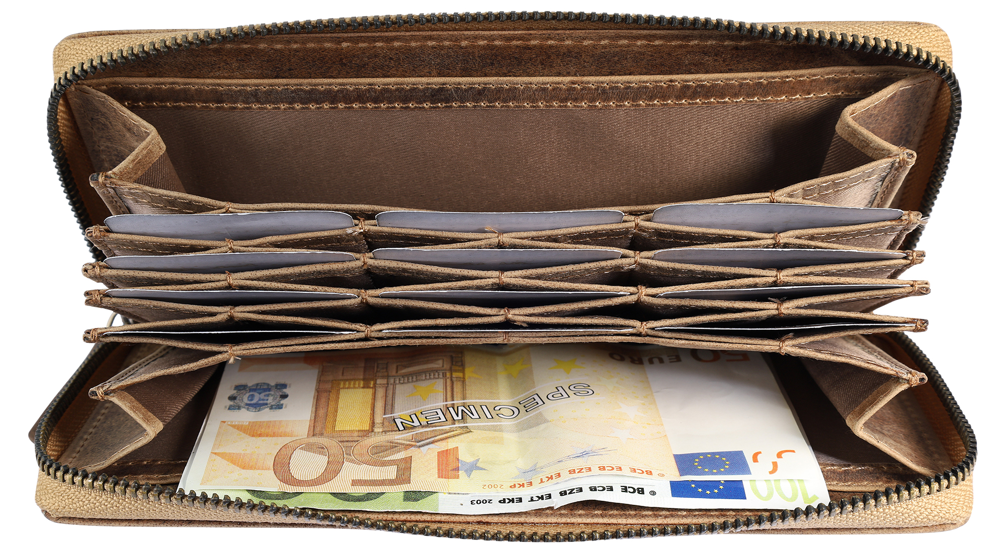 Leonardo Verrelli, Echt Leder (Vintage) Reißverschluss-Geldbörse, RFID, braun