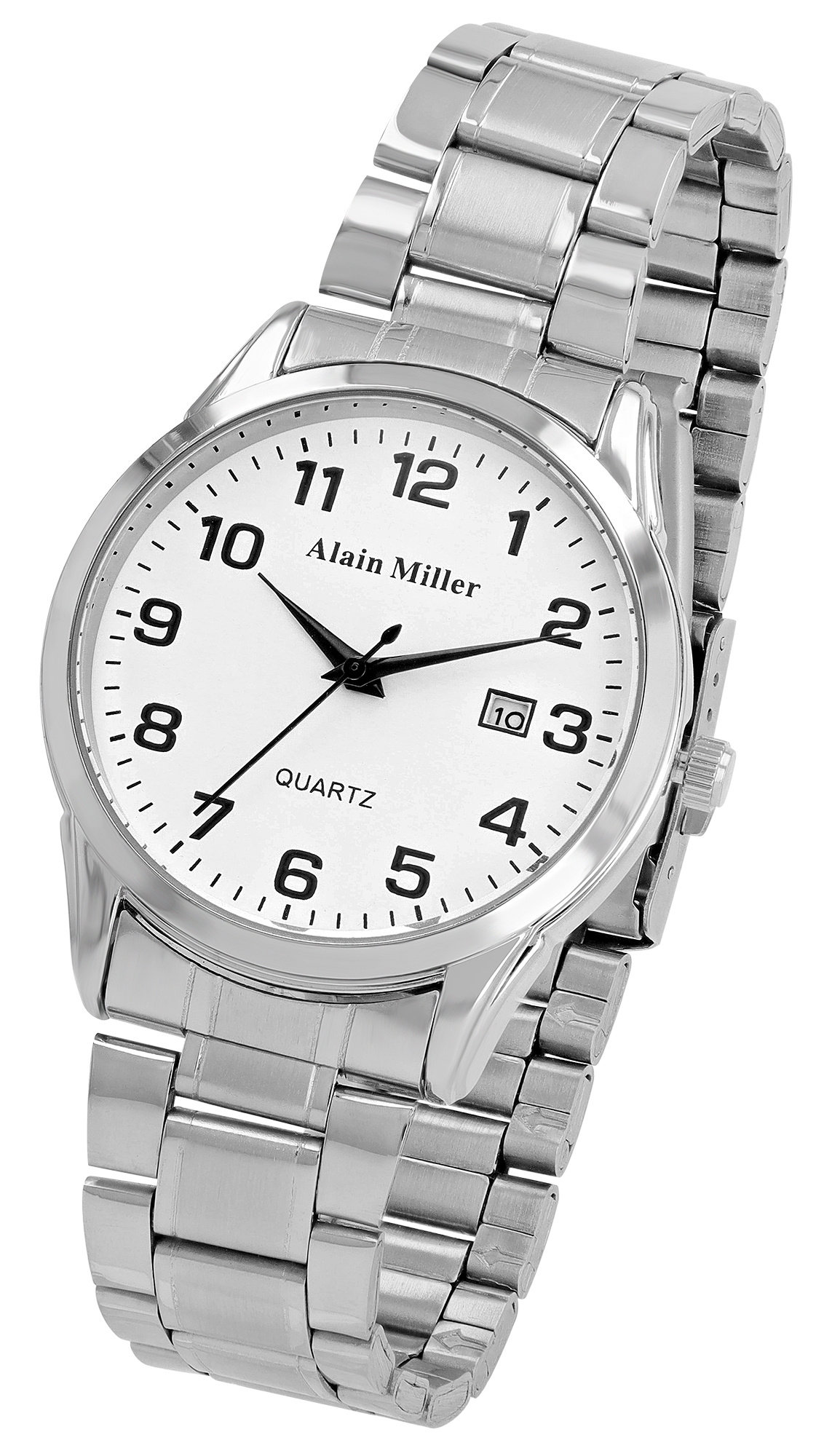 Alain Miller Herrenuhr Ø 40 mm, Gliederarmband, Edelstahl, silberfarben/ blau