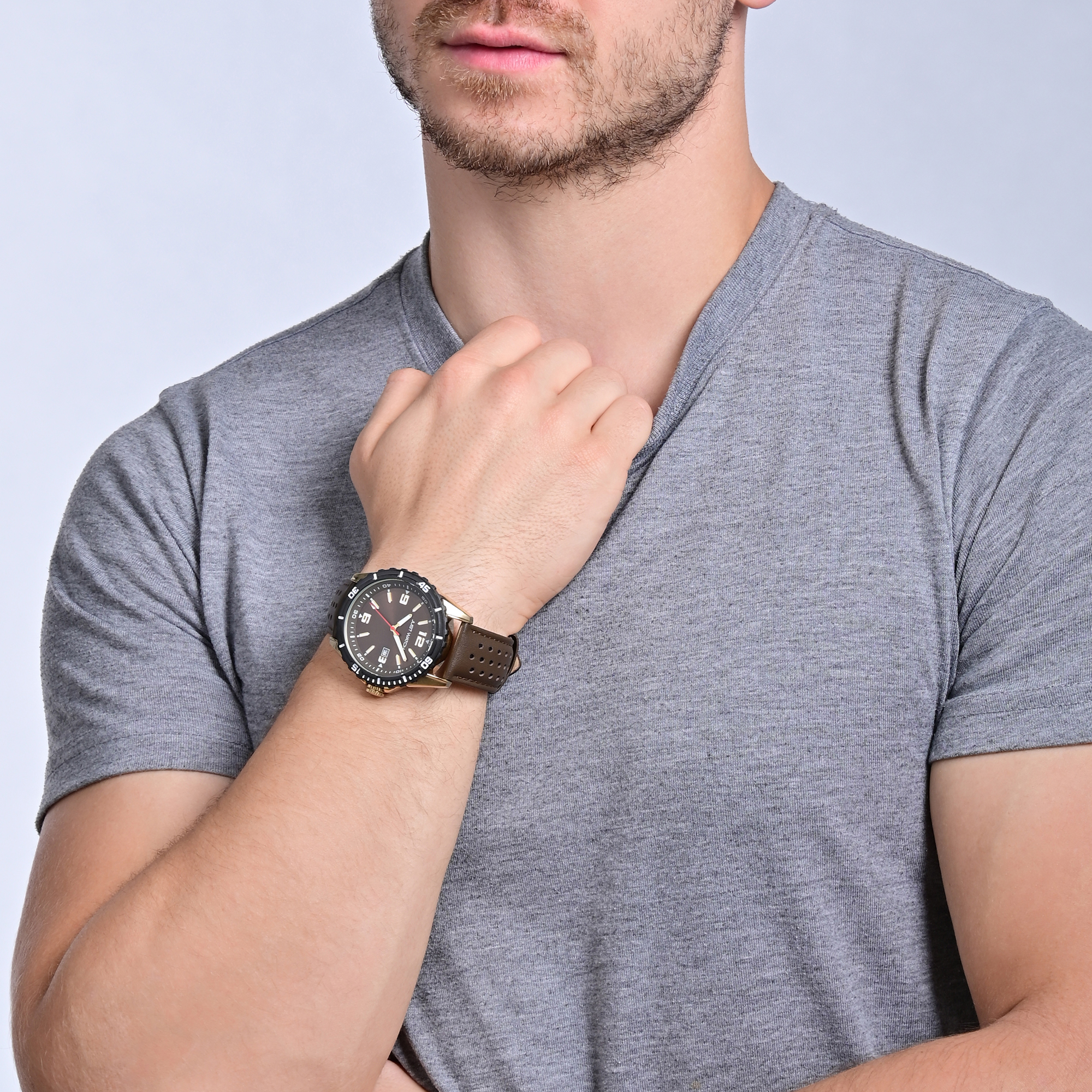 JUST WATCH Herrenuhr "Elwin"  mit Echt Lederband, Ø 43 mm, braun/ goldfarben/ schwarz