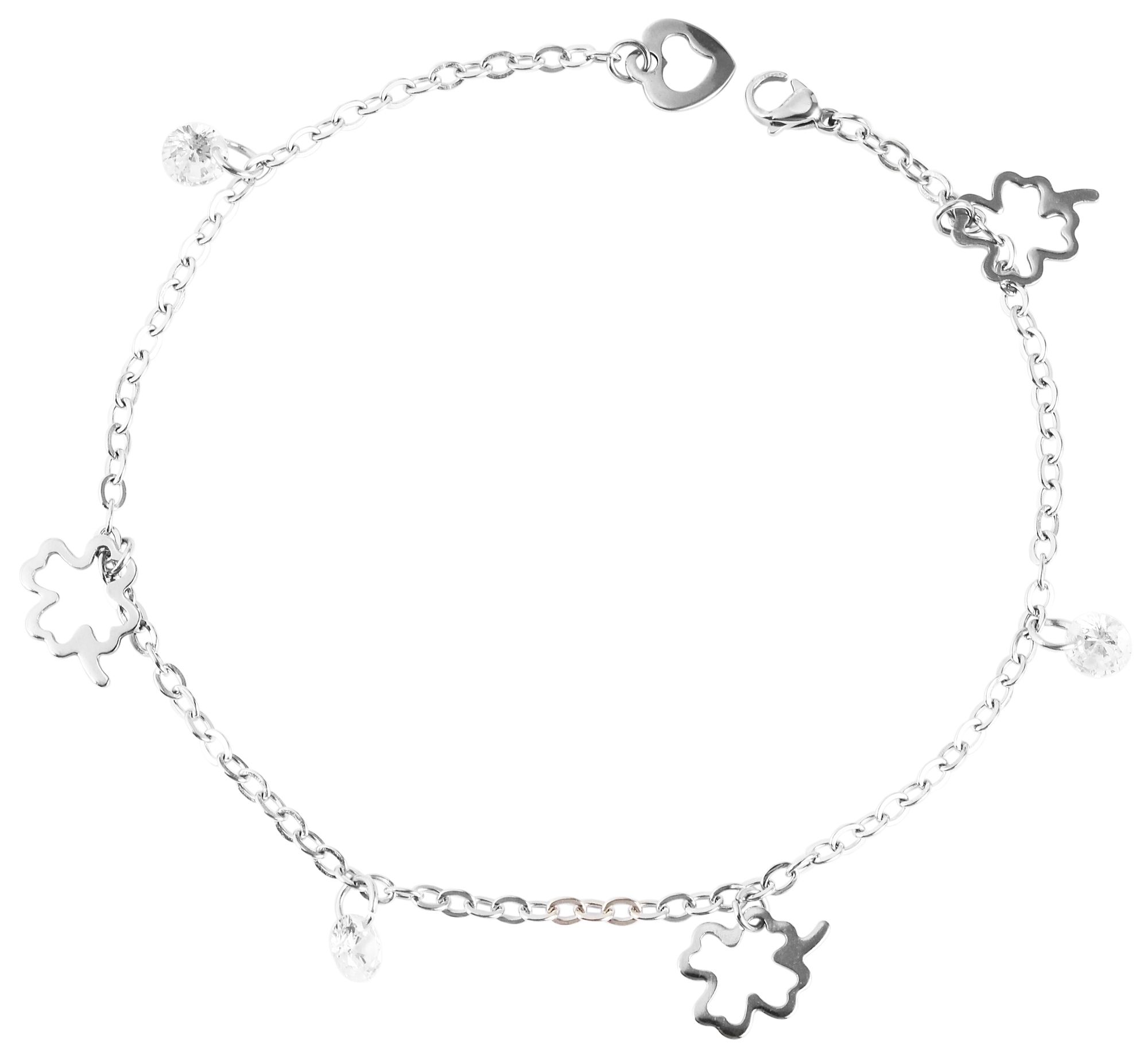 "Lia", Akzent Edelstahl Fußkette, Similibesatz, Kleeblatt, silberfarbig, 25 cm