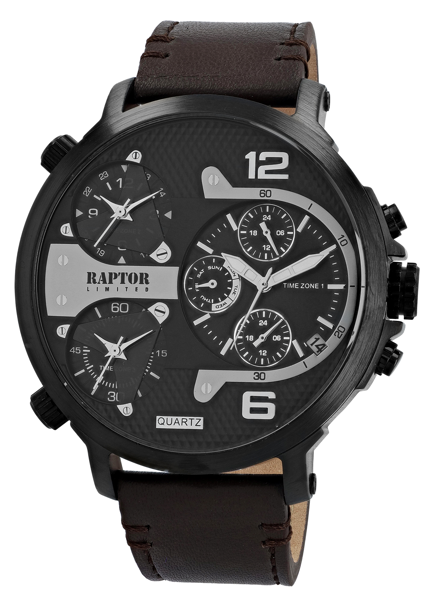 RAPTOR LIMITED Multifunktions-Herrenuhr "Maxx" Echtlederband, Ø 52 mm, blau/braun/schwarz