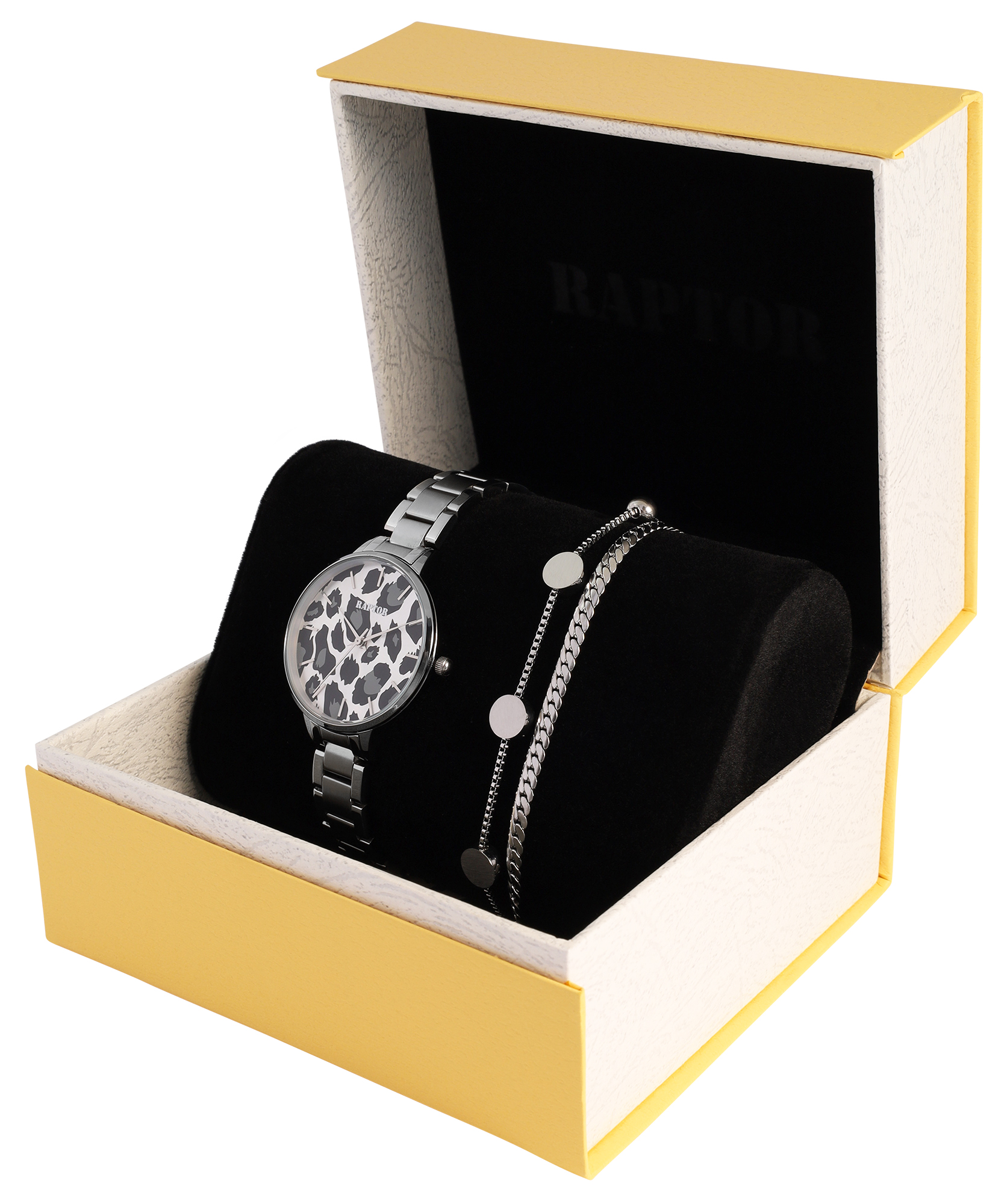 Raptor Damen Geschenkset - Damenuhr Edelstahlband mit Edelstahlarmband 18 + 3 cm