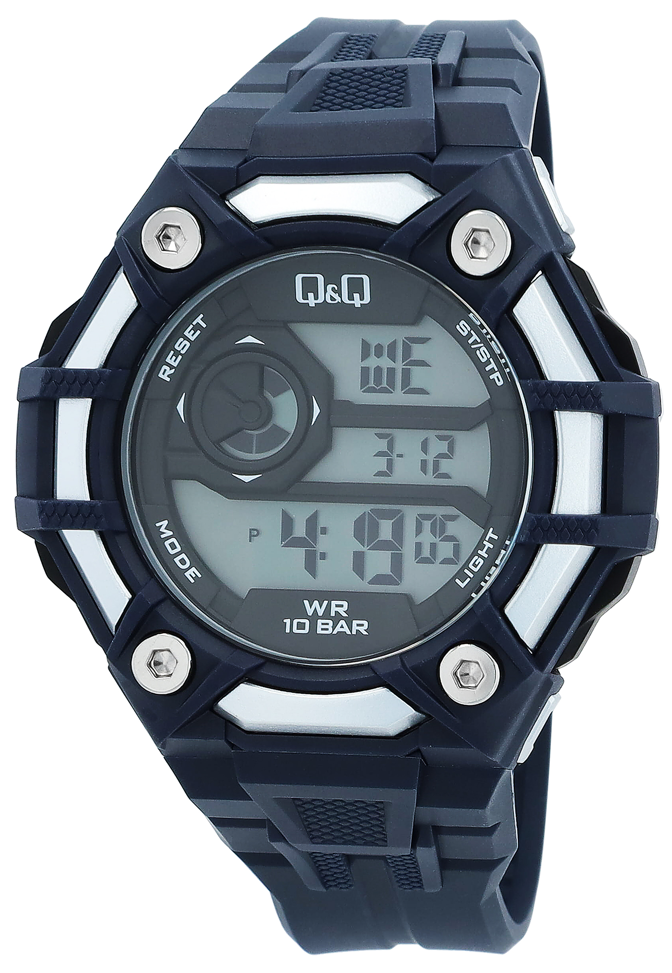 Q&Q Herren Digitaluhr, Silikonarmband, multifunktion, blau/silberfarben