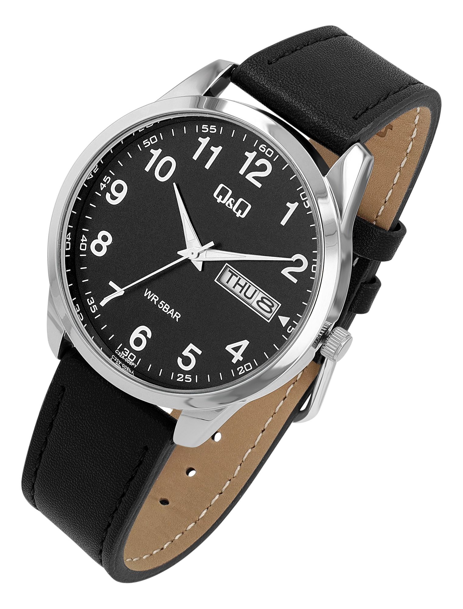 Q&Q Herrenuhr mit Lederband, 5 ATM, Wochentags- & Datumsanzeige, schwarz