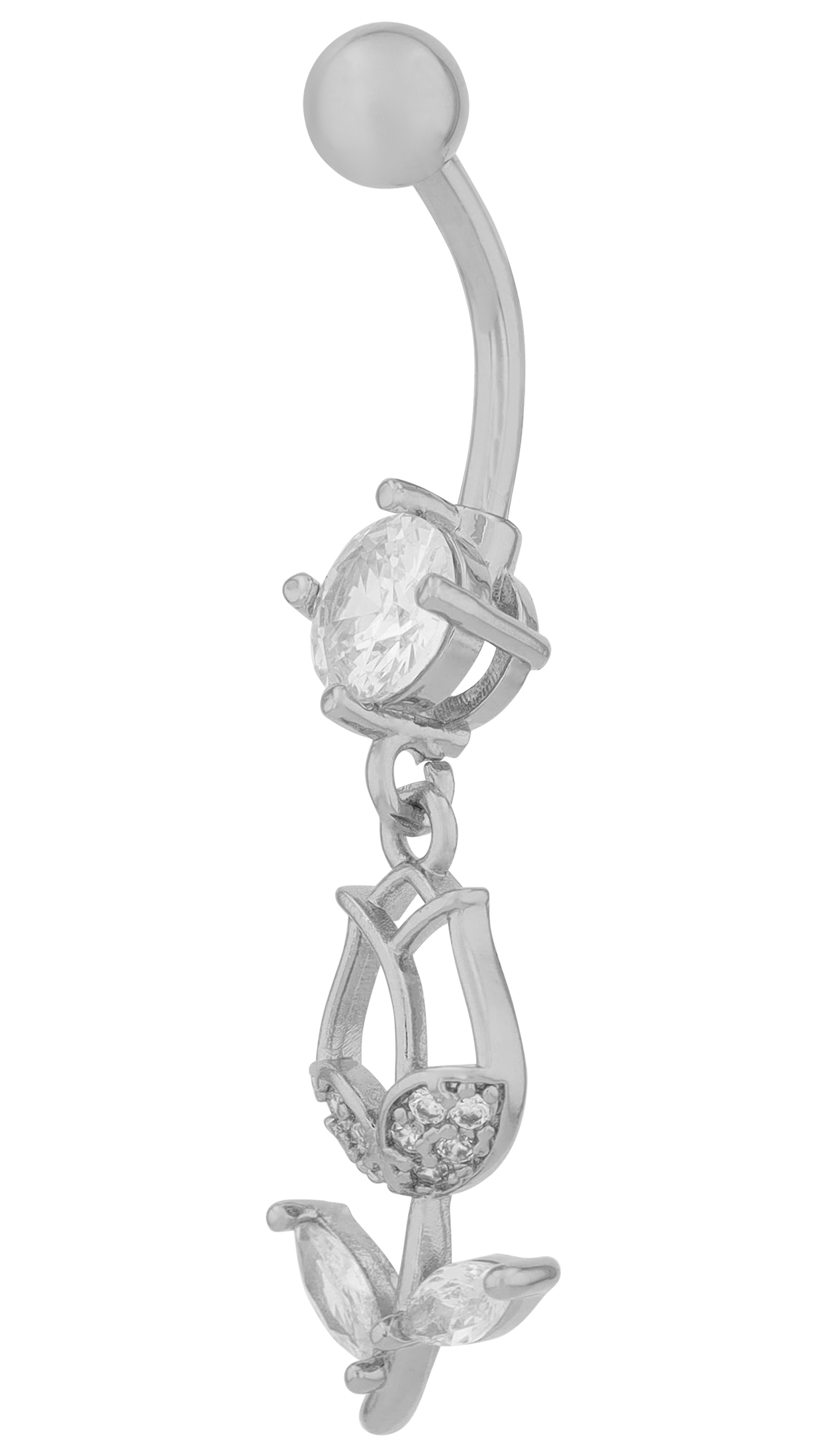 "Tilly" Edelstahl-Bronze Bauchnabelpiercing, Stablänge 12 mm/ Stabstärke 1,8 mm, Blütenanhänger, Zirkonia, silberfarben