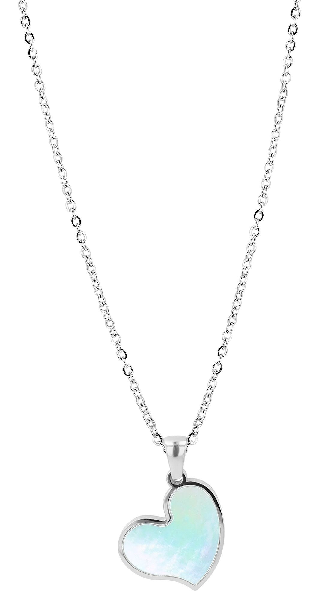 "Jorvina" Schmuckset, Kette (45+5 cm) + Ohrstecker, Herz, Edelstahl/ Perlmutt, silberfarben