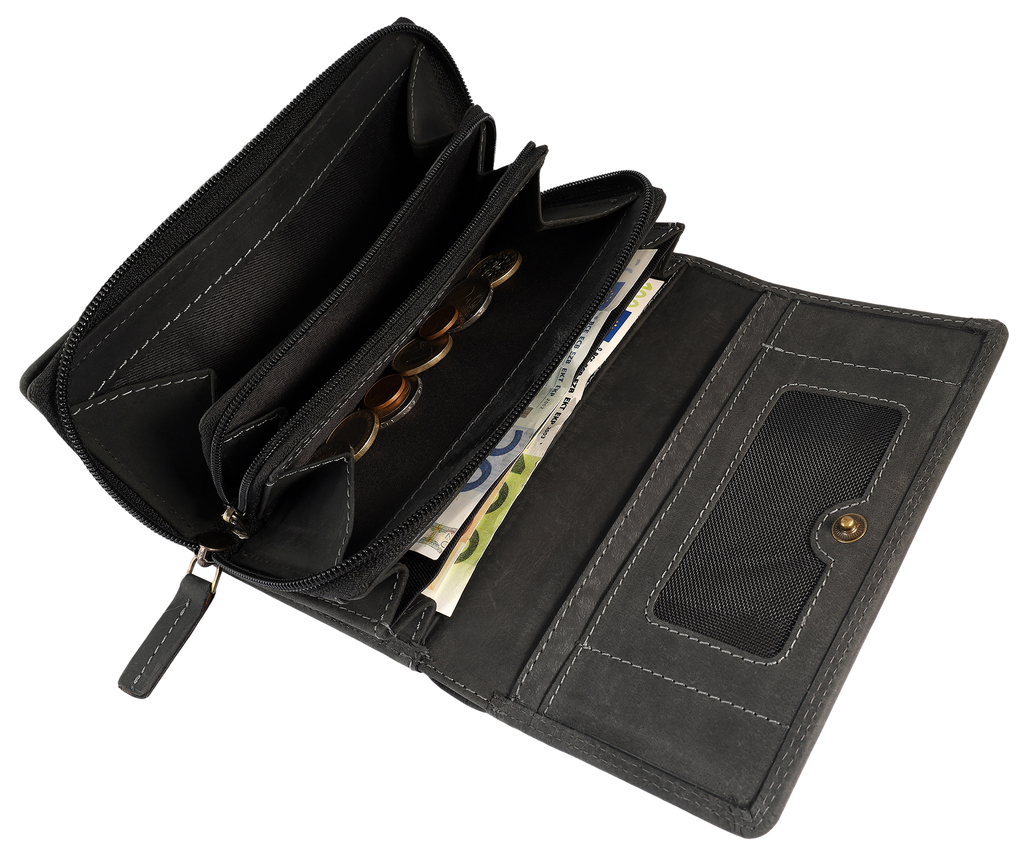 Leonardo Verrelli, Echtleder (Vintage) Damen Geldbörse, länglich & RFID, schwarz