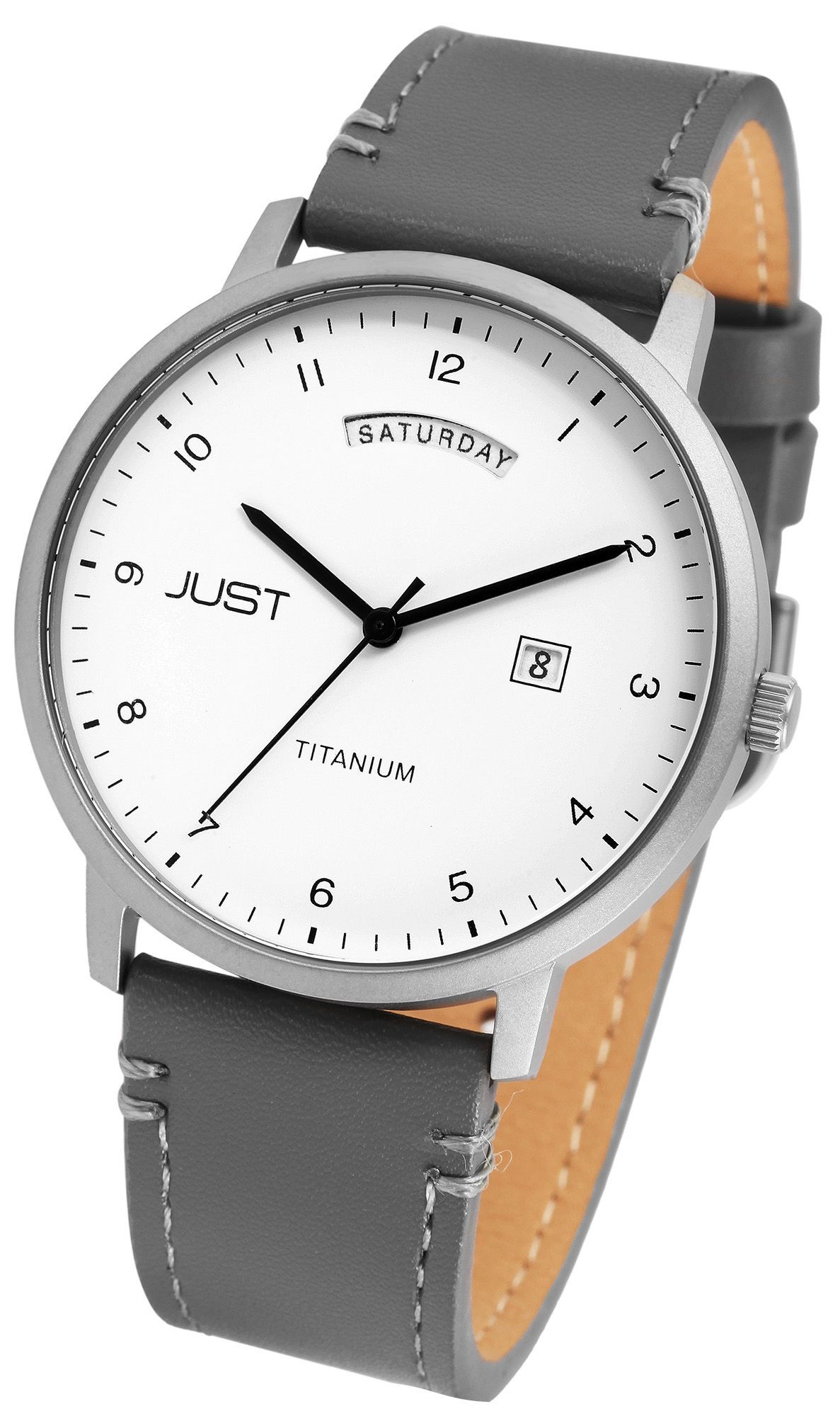 Just Titan Herrenuhr mit Echtlederarmband, 5 ATM, grau
