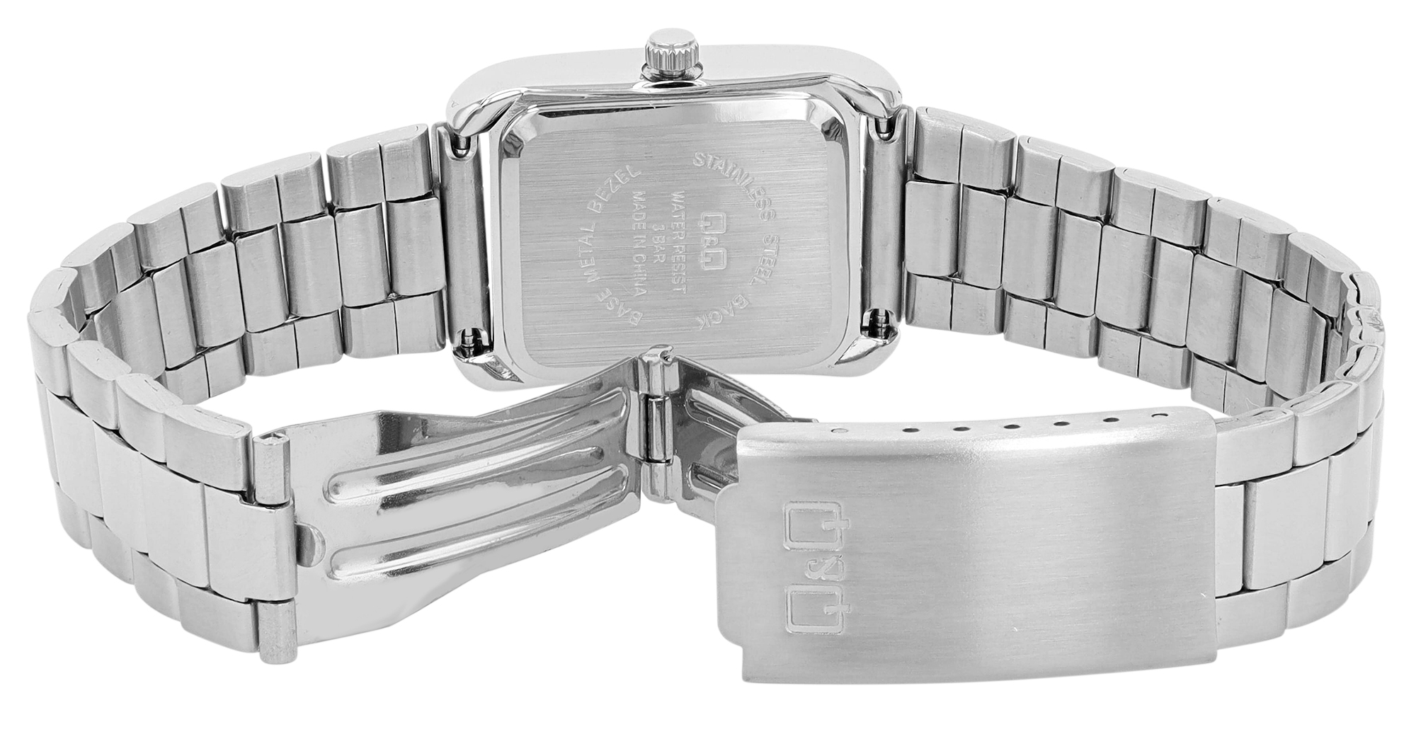 Q&Q Damenuhr (rechteckiges Gehäuse 30 × 22 mm), Edelstahlband, silberfarben/ schwarz