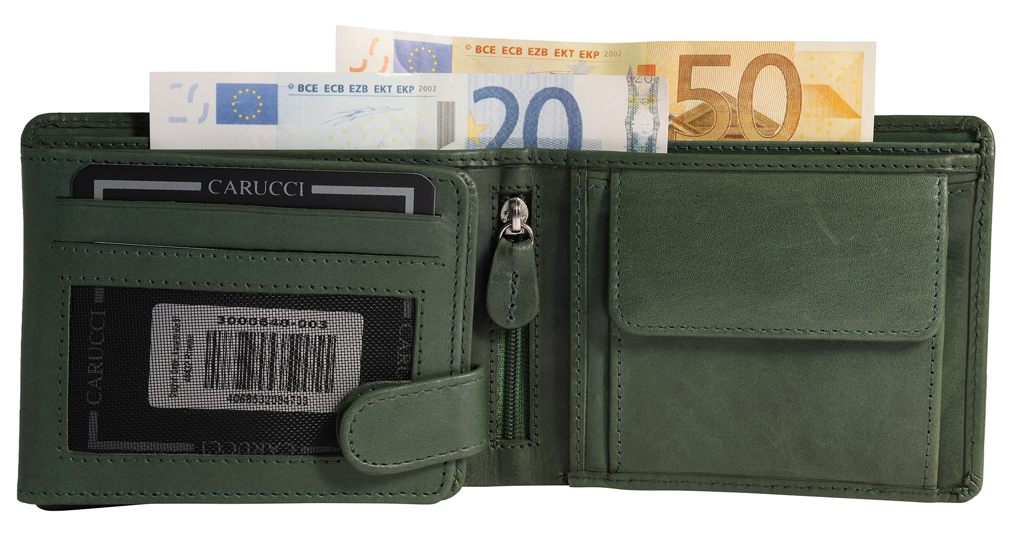 Carucci Echtleder (Cow Veg VT) Geldbörse mit Box, RFID, Querformat, grün