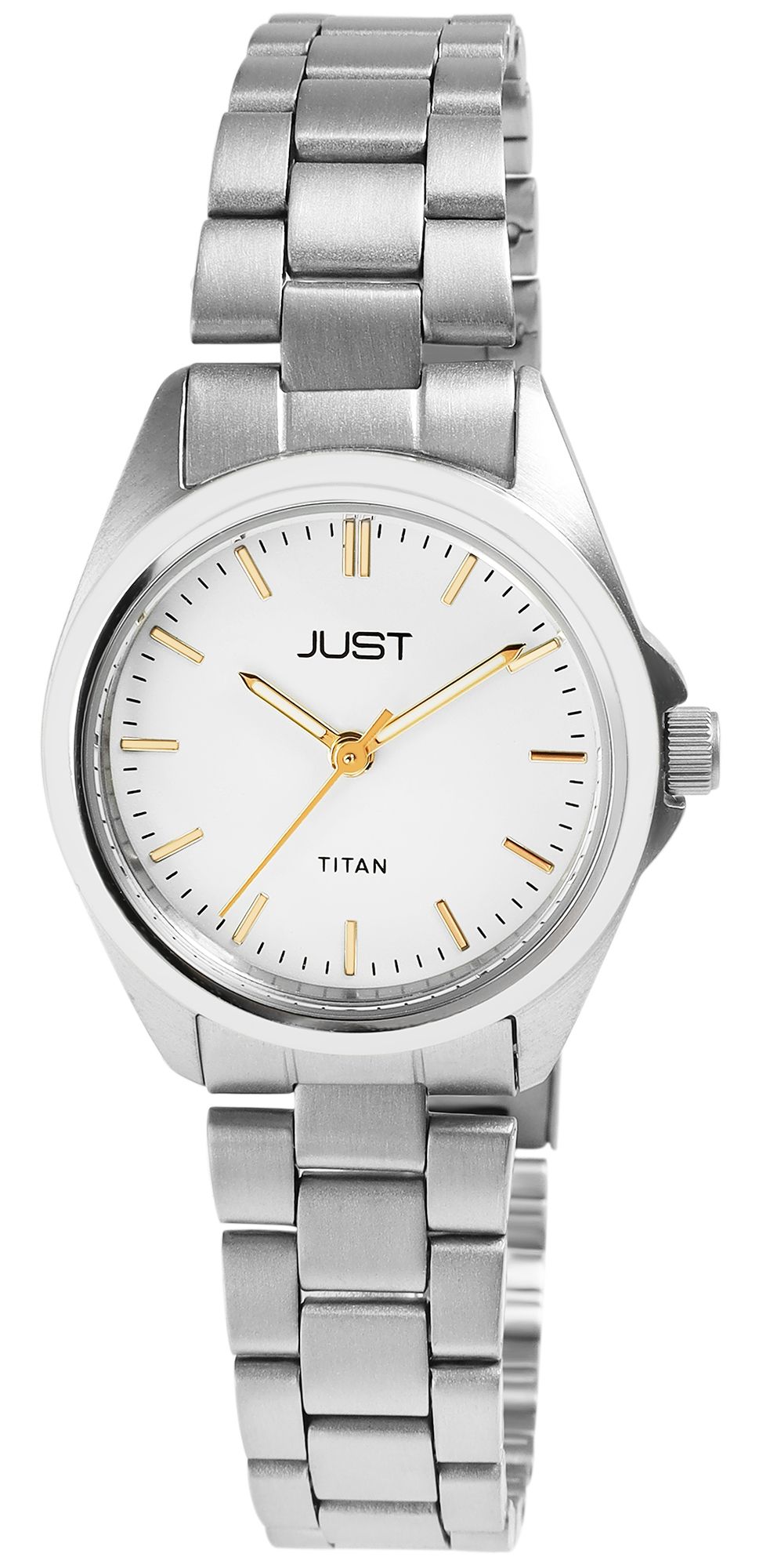 Just Damenarmbanduhr aus Titan, 5 Bar, weißes ZB/Index goldfarben