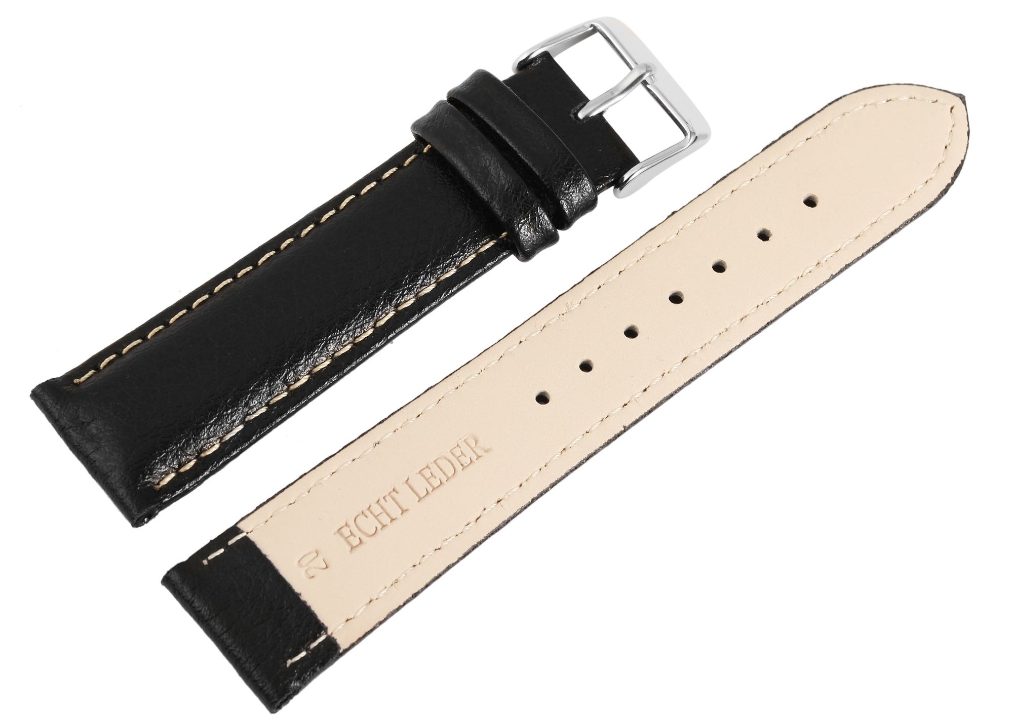 Echtleder Uhrenarmband, Edelstahl Dornschließe, schwarz mit weißer Naht, 18 mm