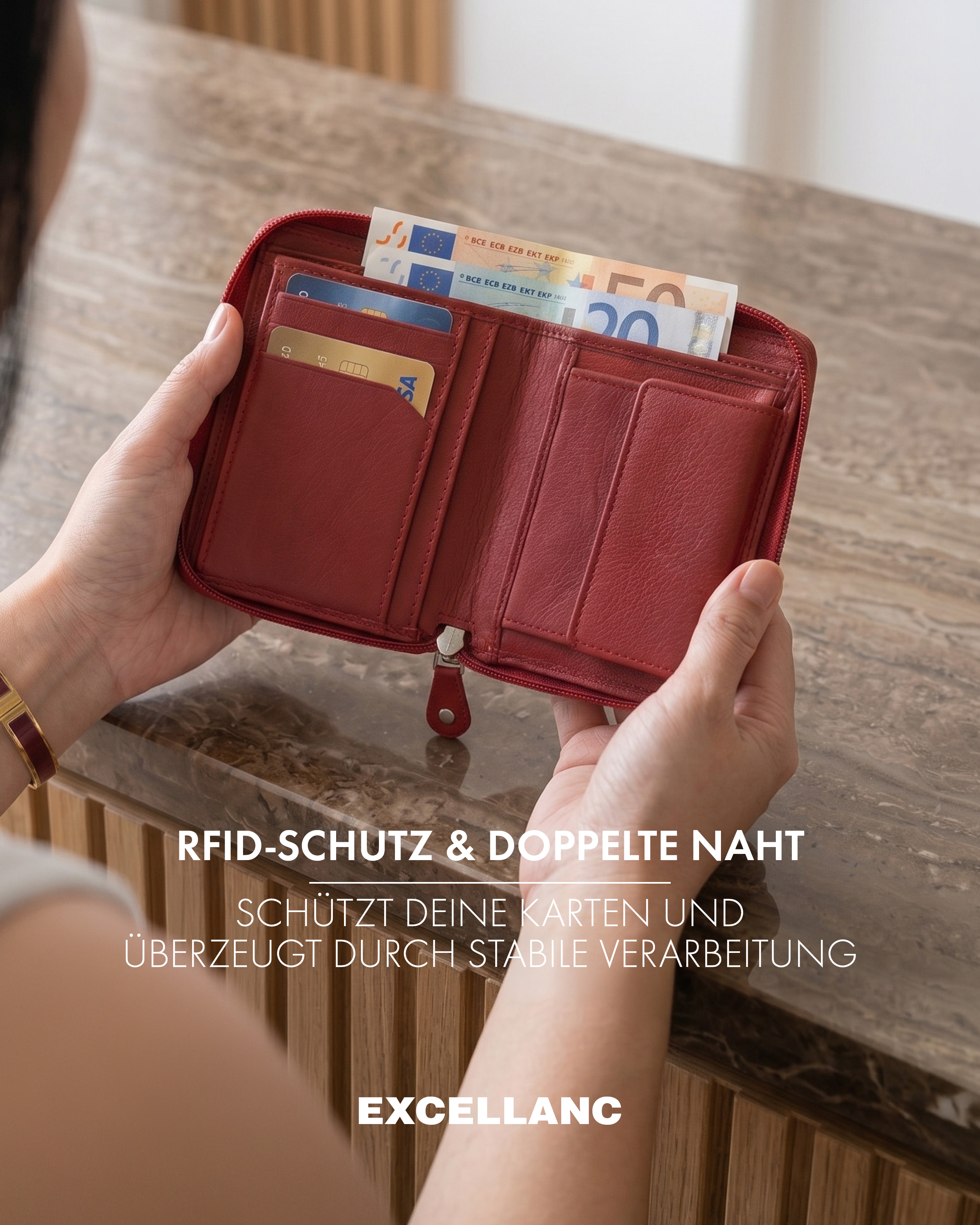 Excellanc Damen Geldbörse aus Echtleder (Nappa), RFID, Hochformat, rot