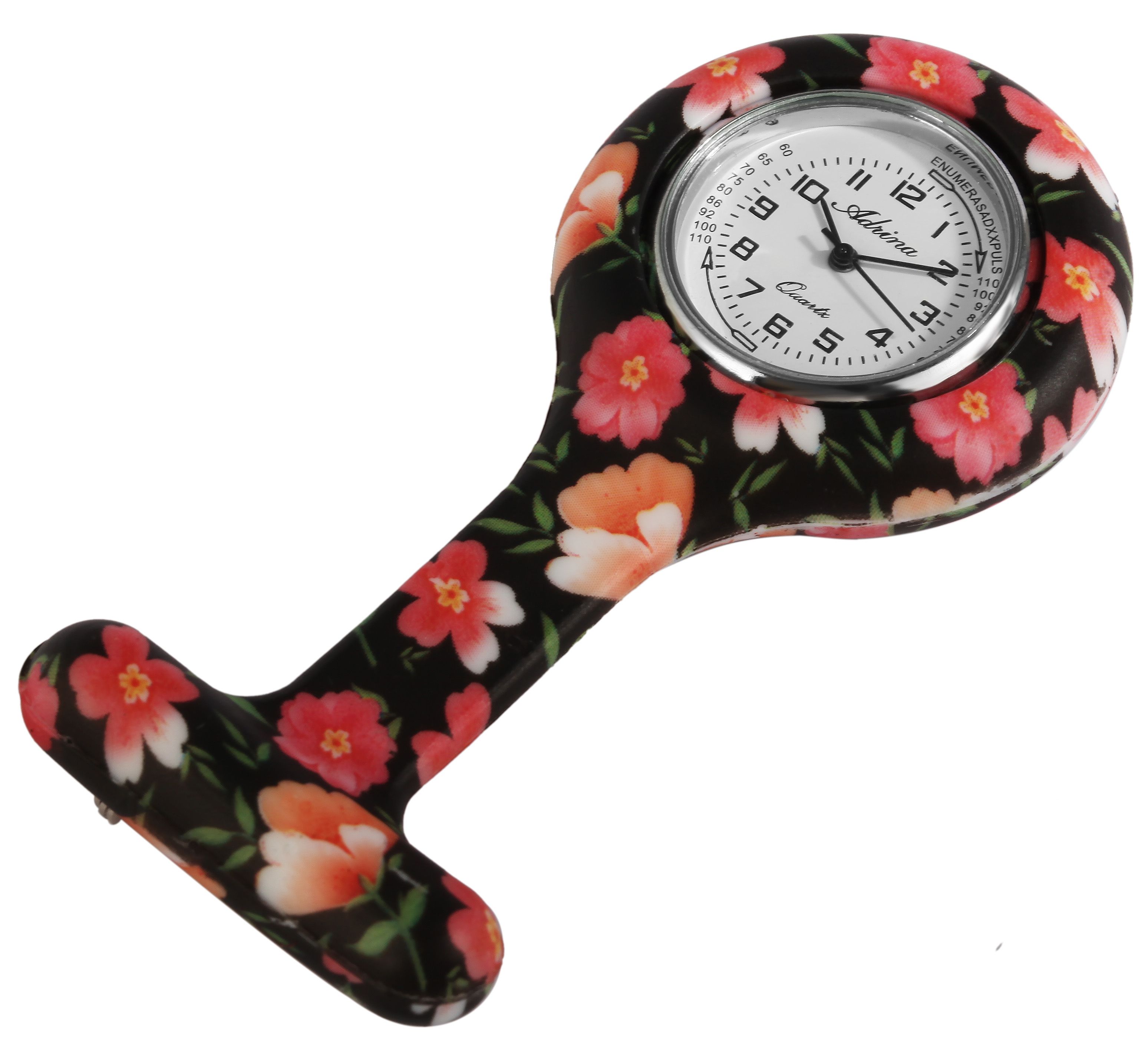 Adrina Krankenschwesteruhr aus Silikon mit Blumenmotiven, schwarz/ rot