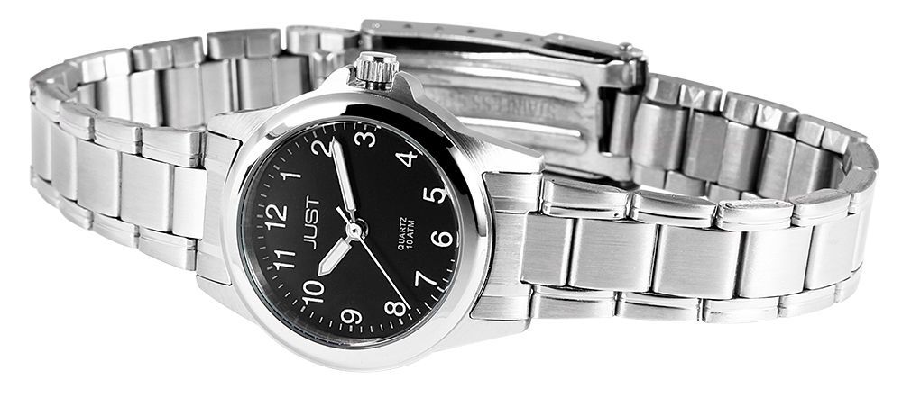 Just Edelstahl Damenarmbanduhr, silberfarben, schwarzes ZB