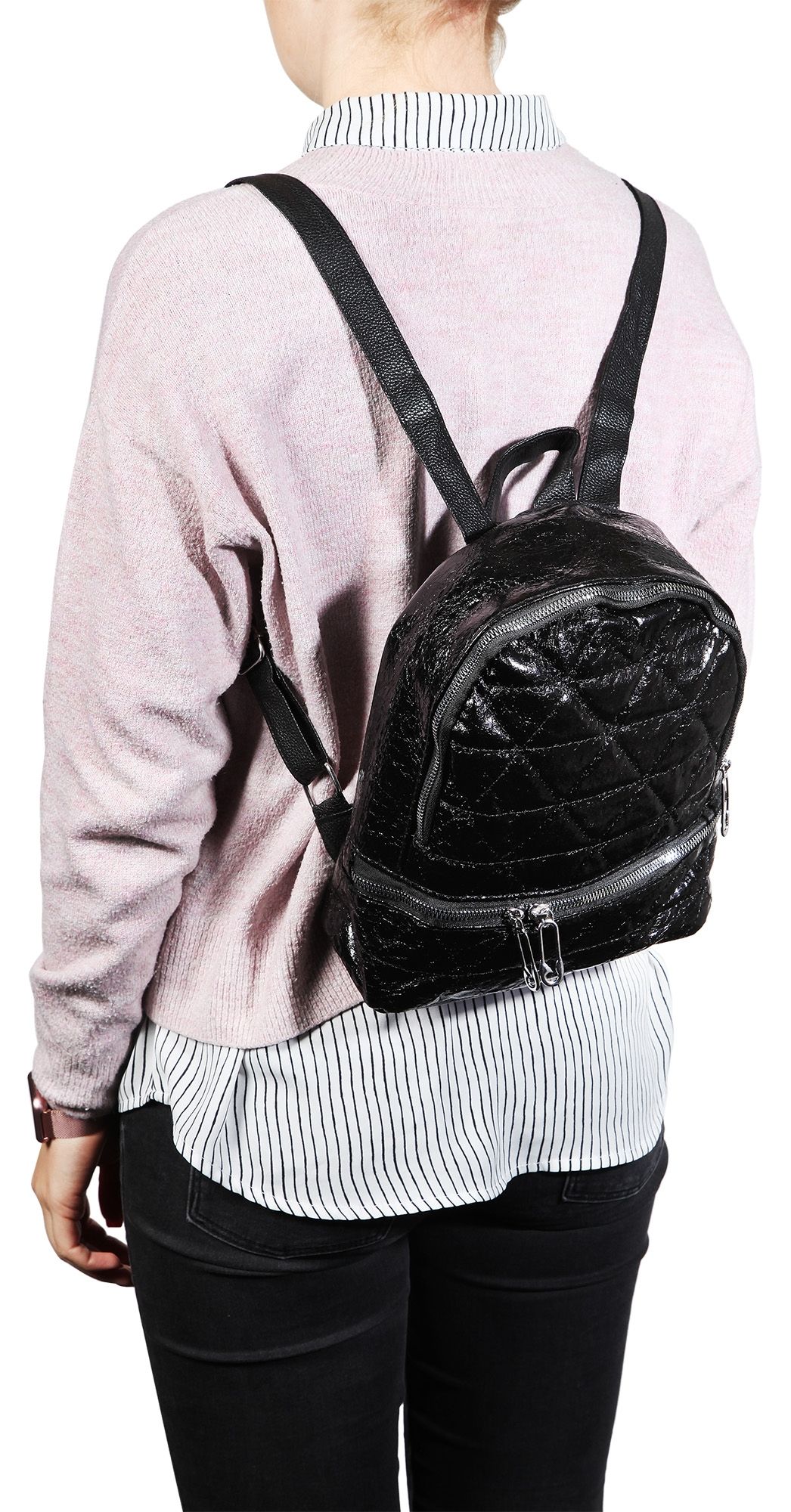 Damen-Rucksack aus Lederimitat, schwarz, Länge: 26 cm / Breite: 23,5 cm / Stärke: 11,5 cm