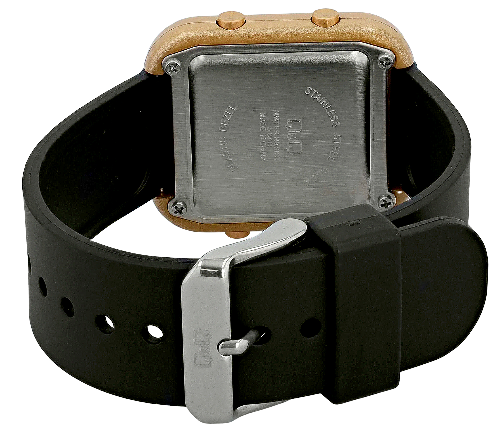 Q&Q Unisex Digitaluhr, Kunststoff, Resinband, schwarz/goldfarben, 5 ATM, 40 x 34 mm