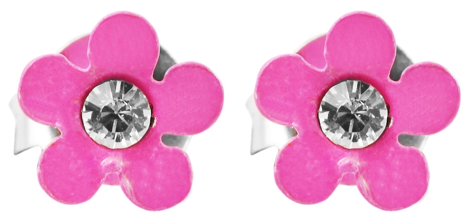 925/- Echt Silber Kinder Ohrstecker "Florette", Blume mit Similistein, pink