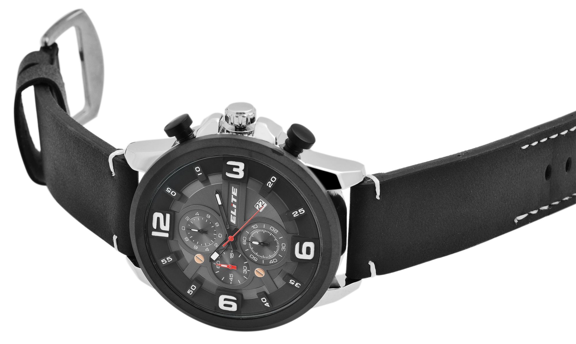 Elite Herren Chronograph mit Lederimitationsband, 3ATM, Schwarz