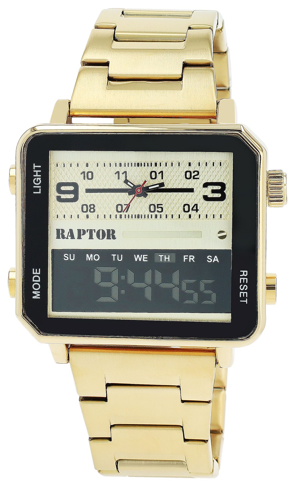 Raptor Herrenuhr "Fabius" mit Edelstahlarmband, eckig, analog/digitale Anzeige, goldfarben