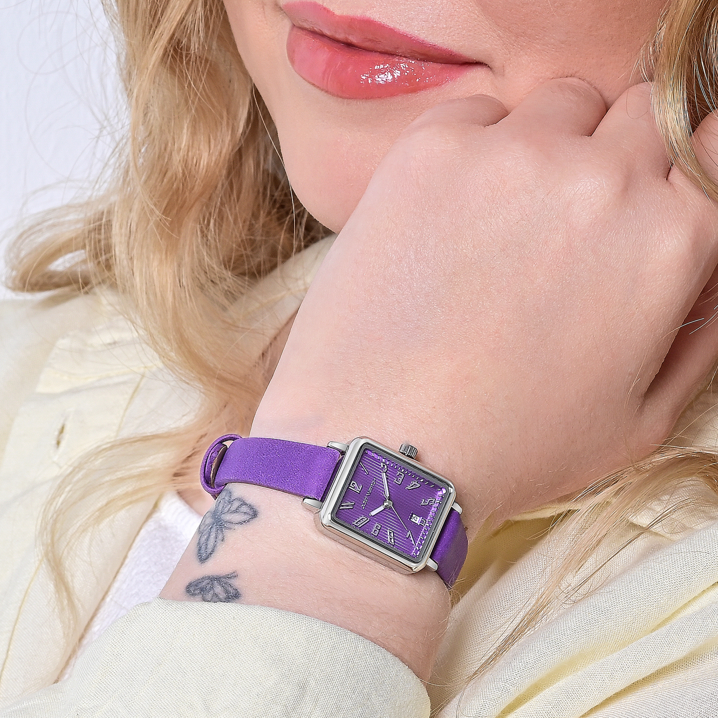 JUST WATCH Damenuhr "Aveline" mit Echtlederband, eckiges Design, lila/ silberfarben