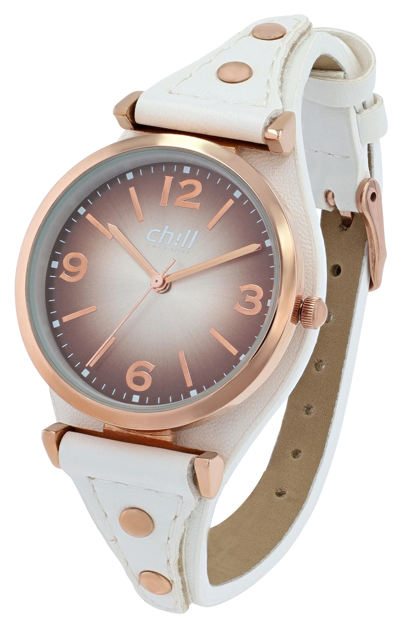 Chill, Damenuhr, Unterlegarmband, Lederimitat, Ø 32 mm, weiß/ roségoldfarben