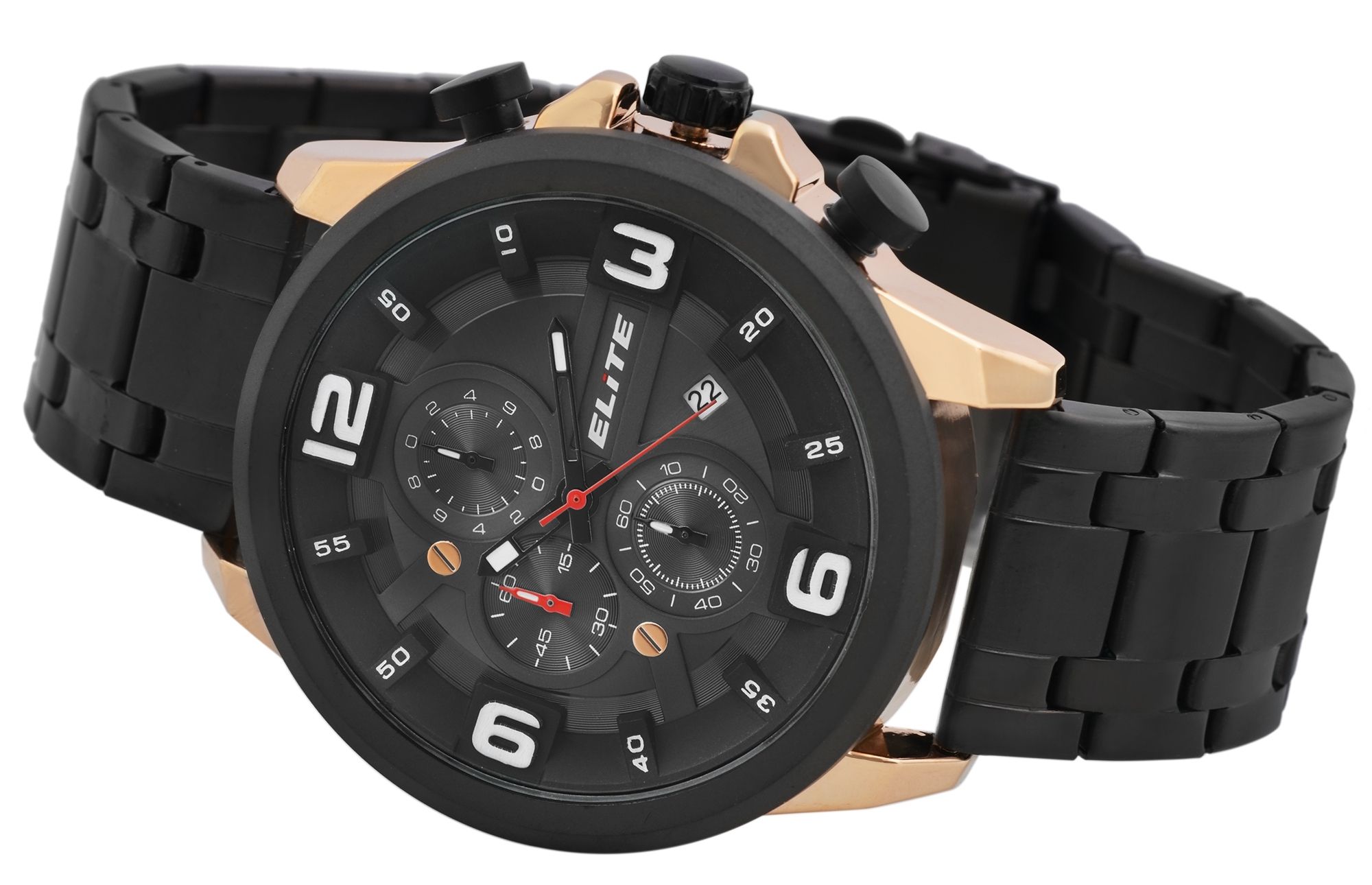Elite Herren Chronograph mit Metallband, 3ATM, Schwarz/ goldfarbig