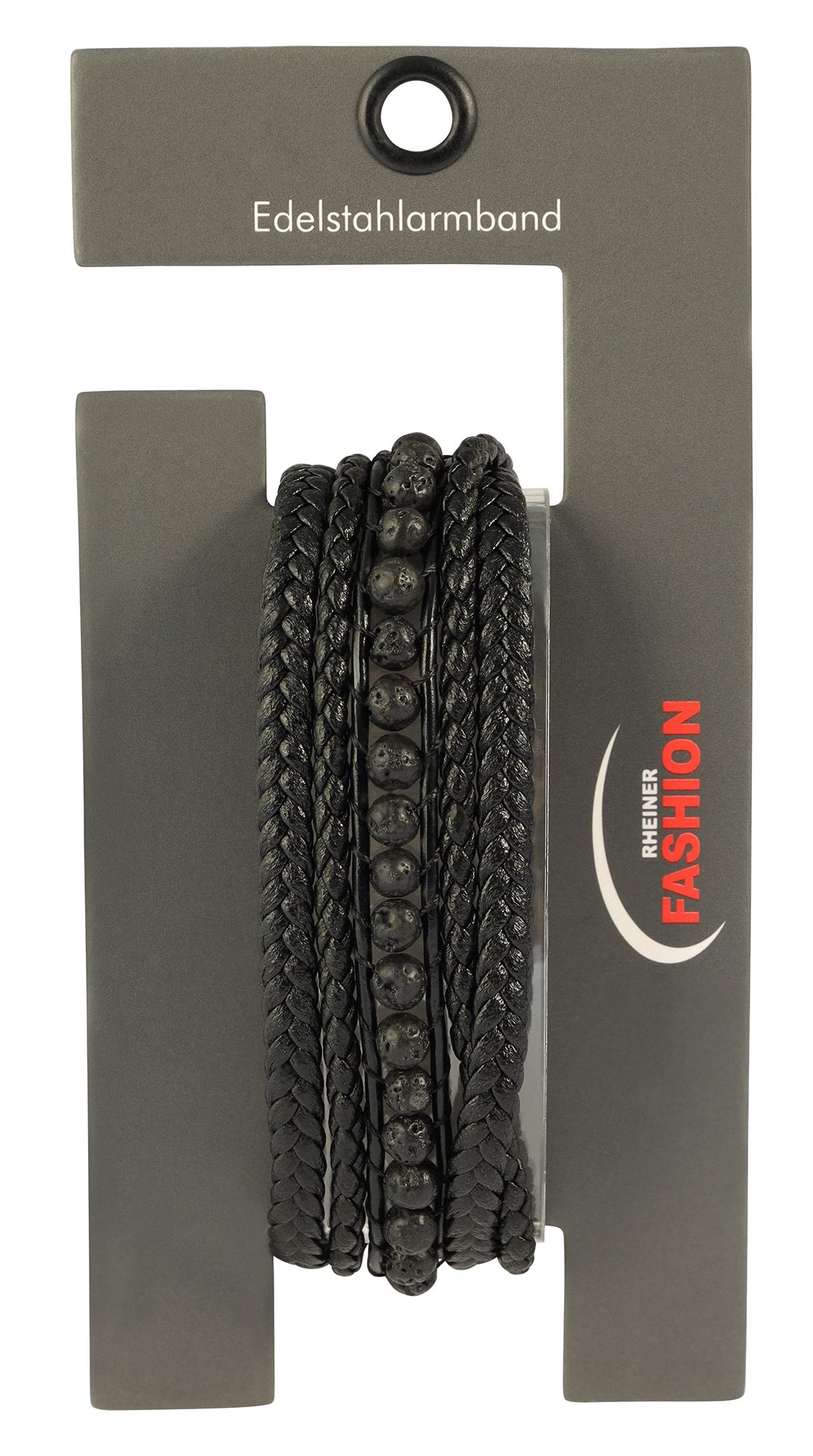 "Neal" 17 cm, Armband aus Lederimitat mit schwarze Lavaperlen, VE-4