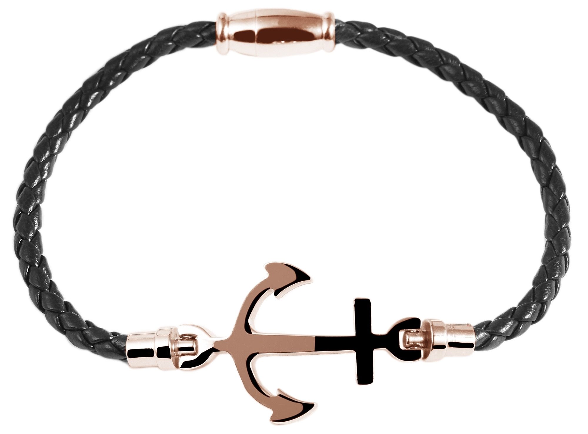 Akzent Echtlederarmband, schwarz, geflochten, mit Edelstahlelement Anker, roségoldfarben