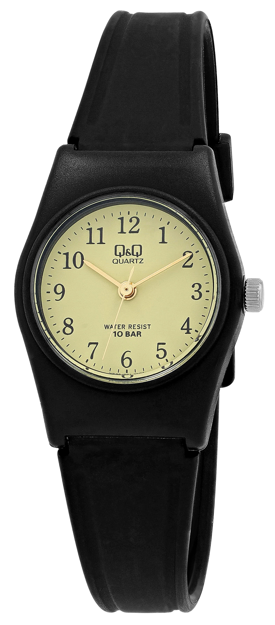 Q&Q Damenuhr mit  Resinband, Ø 24 mm, schwarz/ gelb (goldfarbene Details)