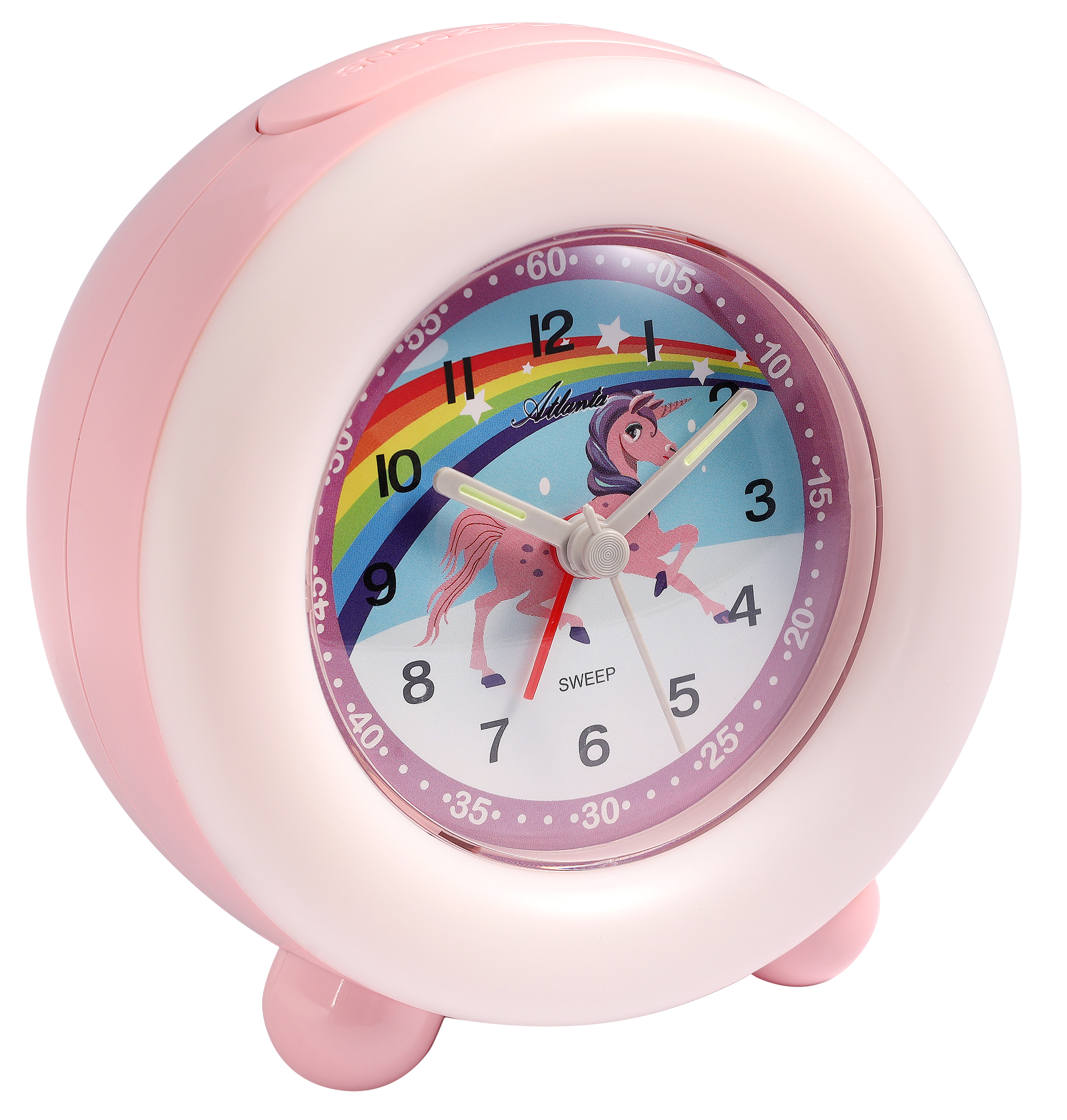 Atlanta Quarz-Wecker für Kinder (Leisegang/ Licht/ Snooze), rosa/ Regenbogen-Einhorn