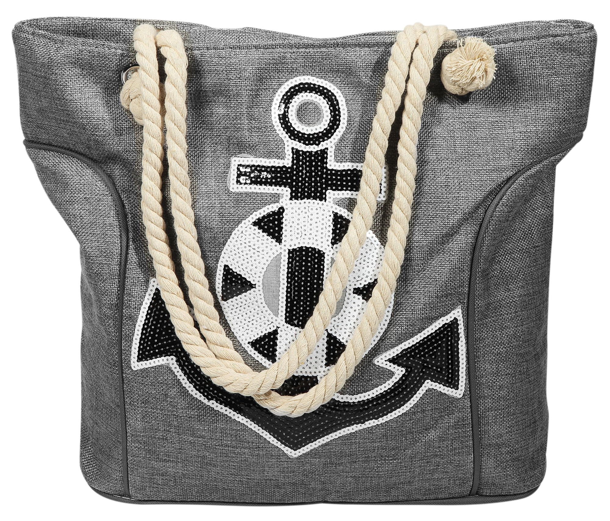 Strandtasche aus Nylon, Ankermotiv aus Pailletten, grau