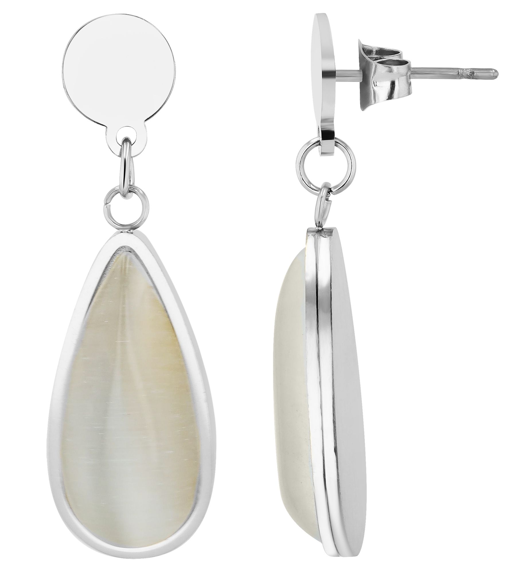 "Thalia", Akzent Edelstahl Schmuckset mit Katzenauge, Halskette und Ohrhänger, silberfarben
