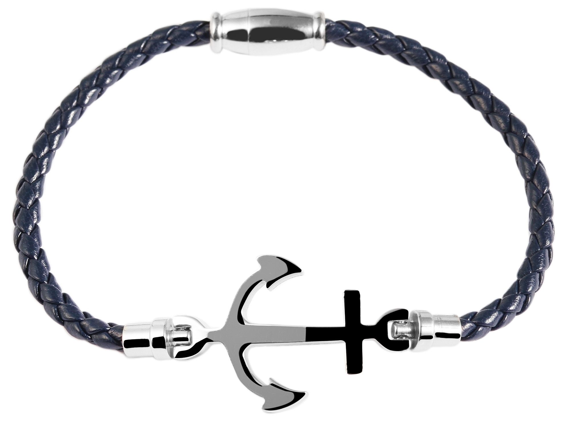 Akzent Echtlederarmband, dunkelblau, geflochten, mit Edelstahlelement Anker, silberfarben