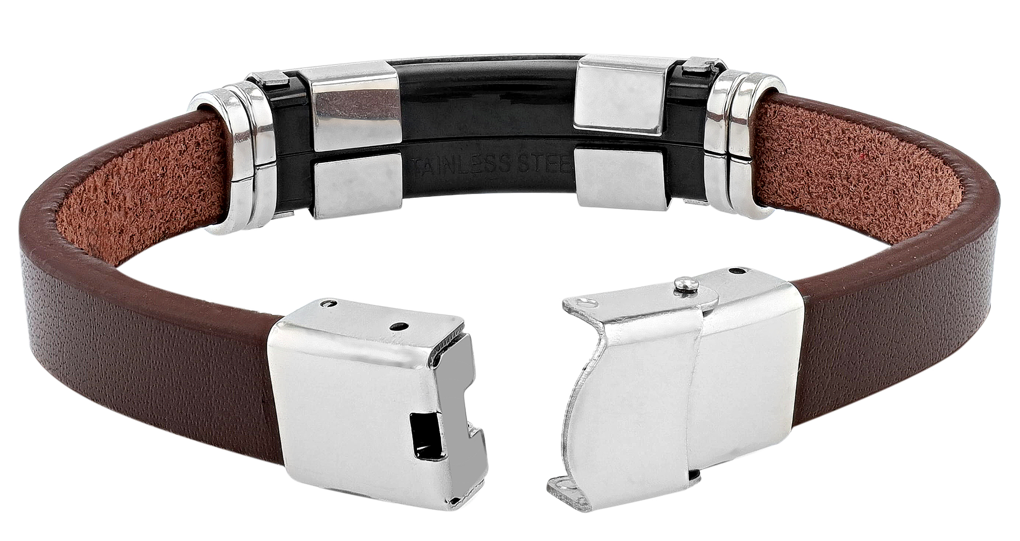 "Akun", Echlederarmband mit Gravurplatte, 22 cm, braun/silberfarben/ schwarz