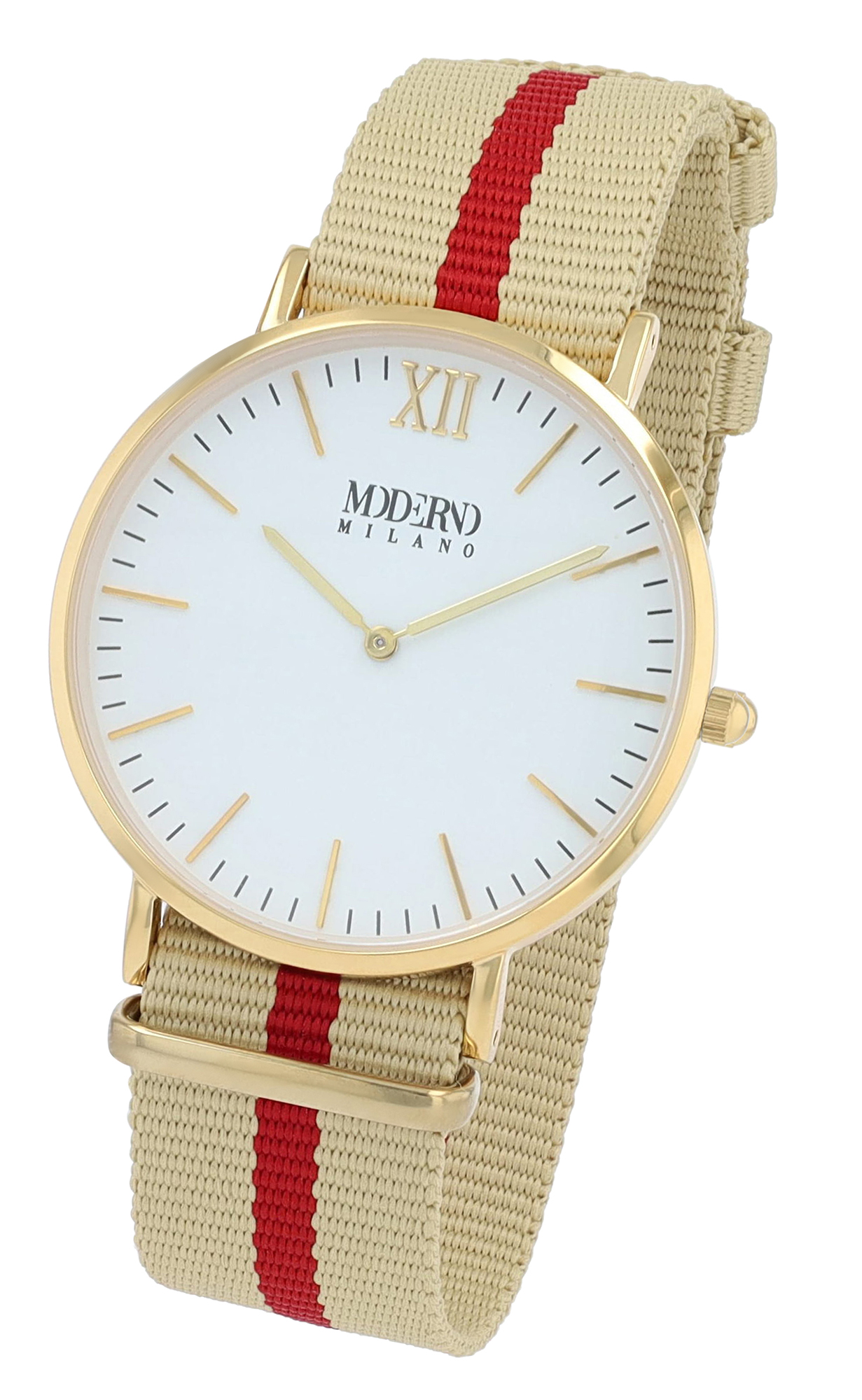 Moderno Milano Edelstahl Herrenuhr 41 mm, Saphirglas & Nylon-NATO-Band (beige-rot), goldfarben
