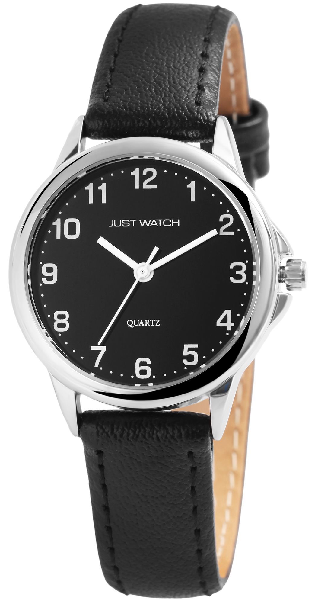 JUST WATCH "Brigitt" Damenuhr  Ø 29 mm, Echt Lederarmband, schwarz/ silberfarben/ schwarz