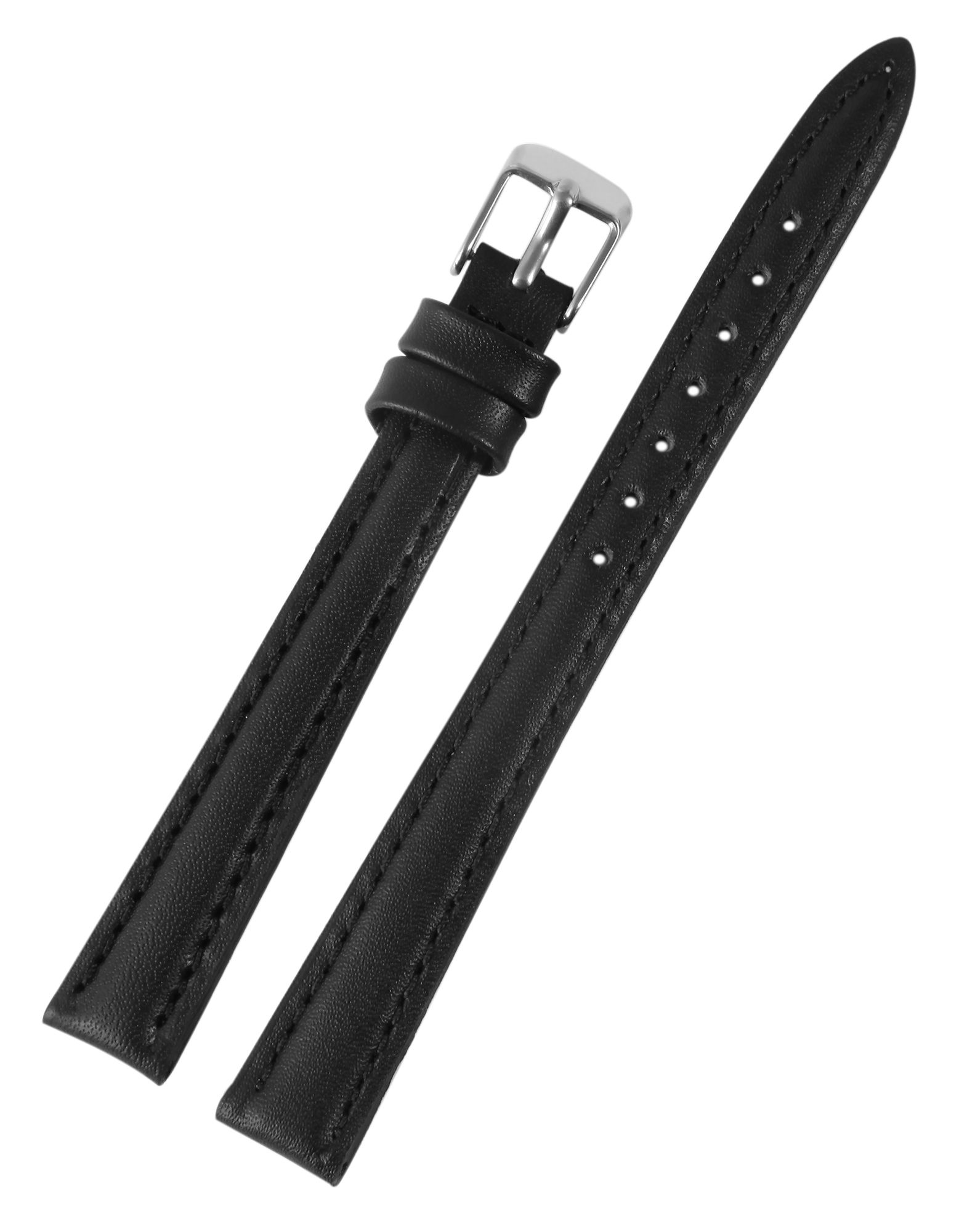 Echtleder-Uhrenarmband mit Naht, gepolstert, schwarz, 12 mm