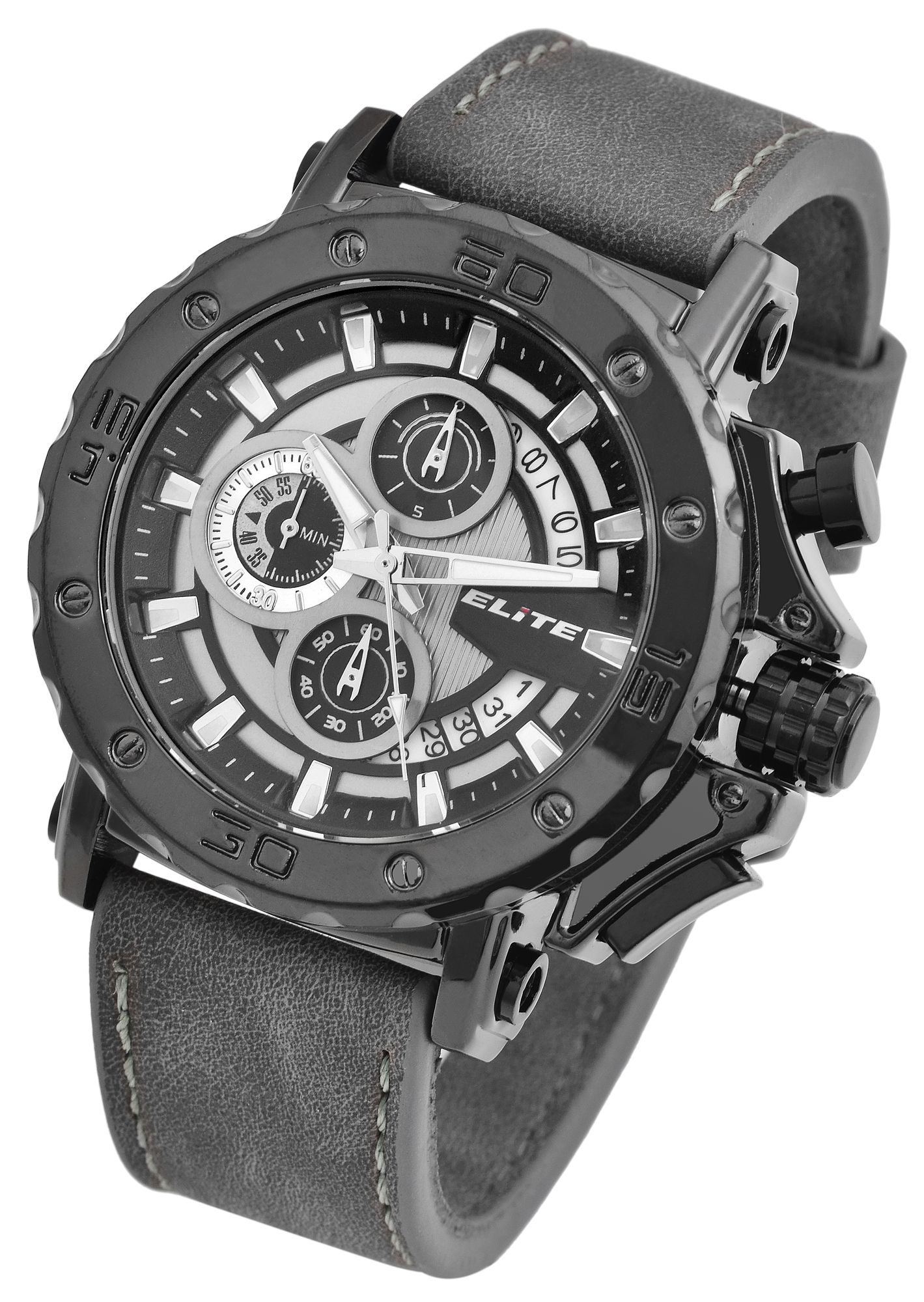 ELITE Herrenchronograph mit Lederimitationsarmband in grau/schwarz