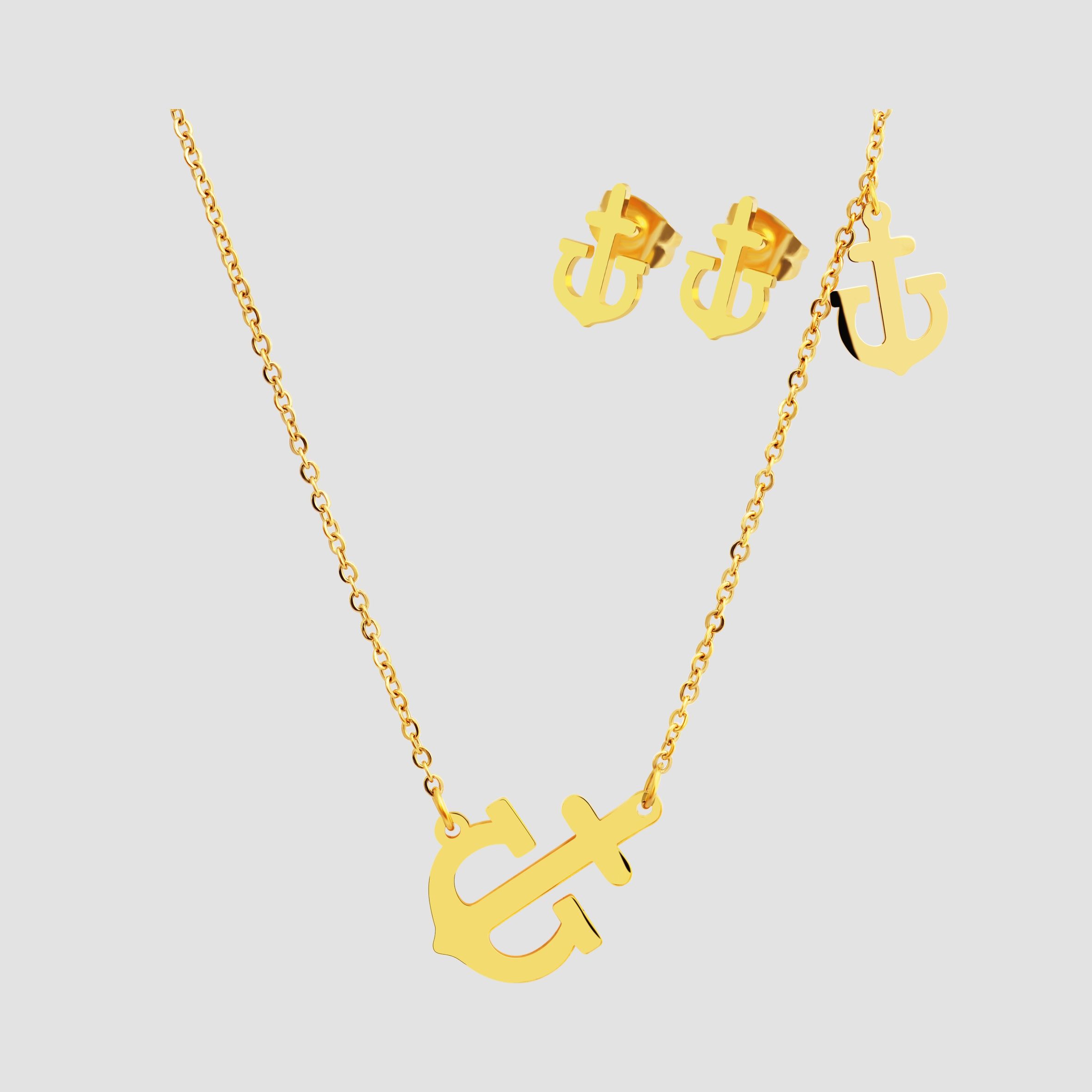 Edelstahl Schmuckset mit Ohrsteckern und Kette mit Anhänger im maritimen Ankerdesign in goldfarbig