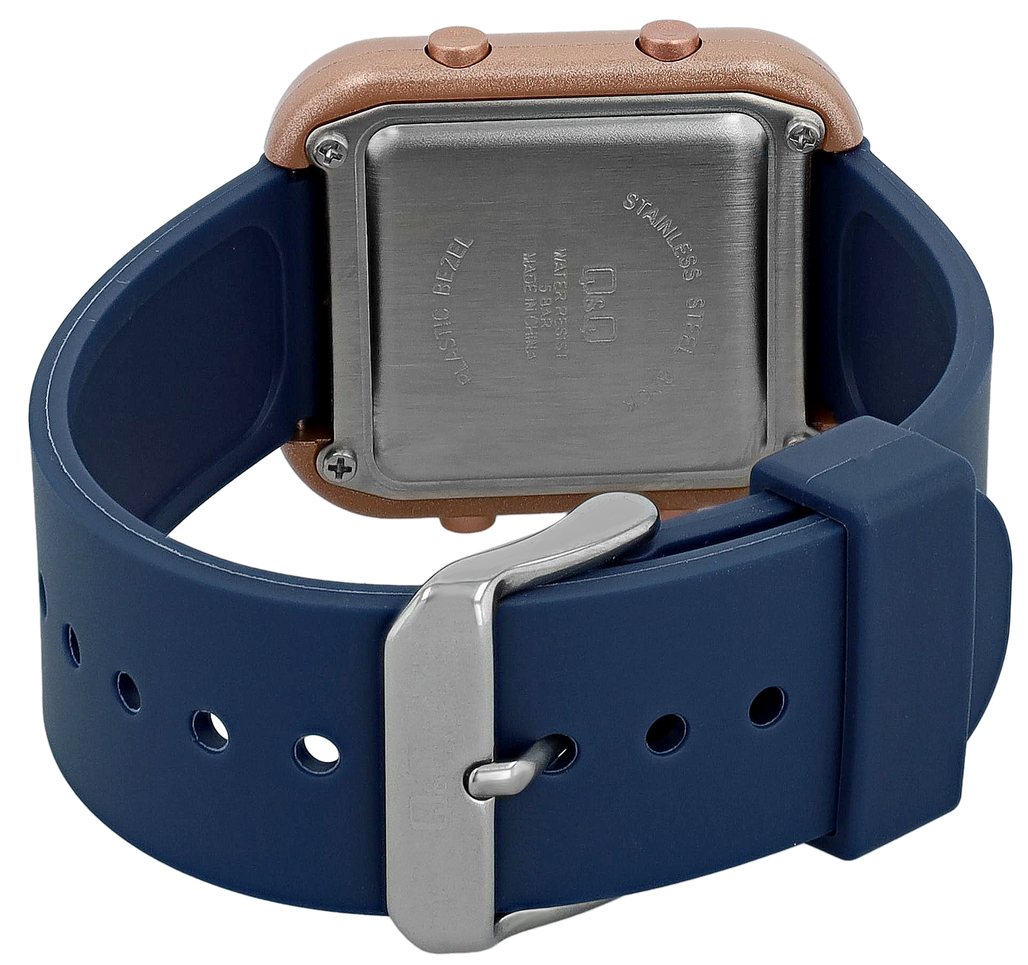 Q&Q Unisex Digitaluhr, Kunststoff, Resinband, blau/roségoldfarben, 5 ATM, 40 x 34 mm