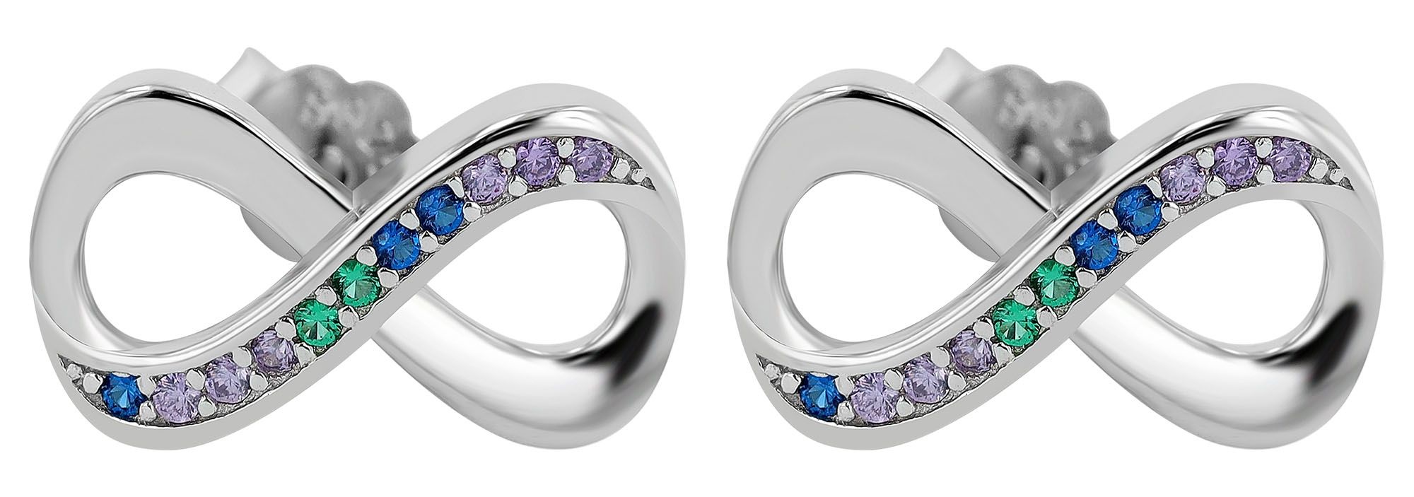 925/- Echt Silber Ohrstecker, Infinity, mehrfarbiger Zirkoniabesatz, rhodiniert