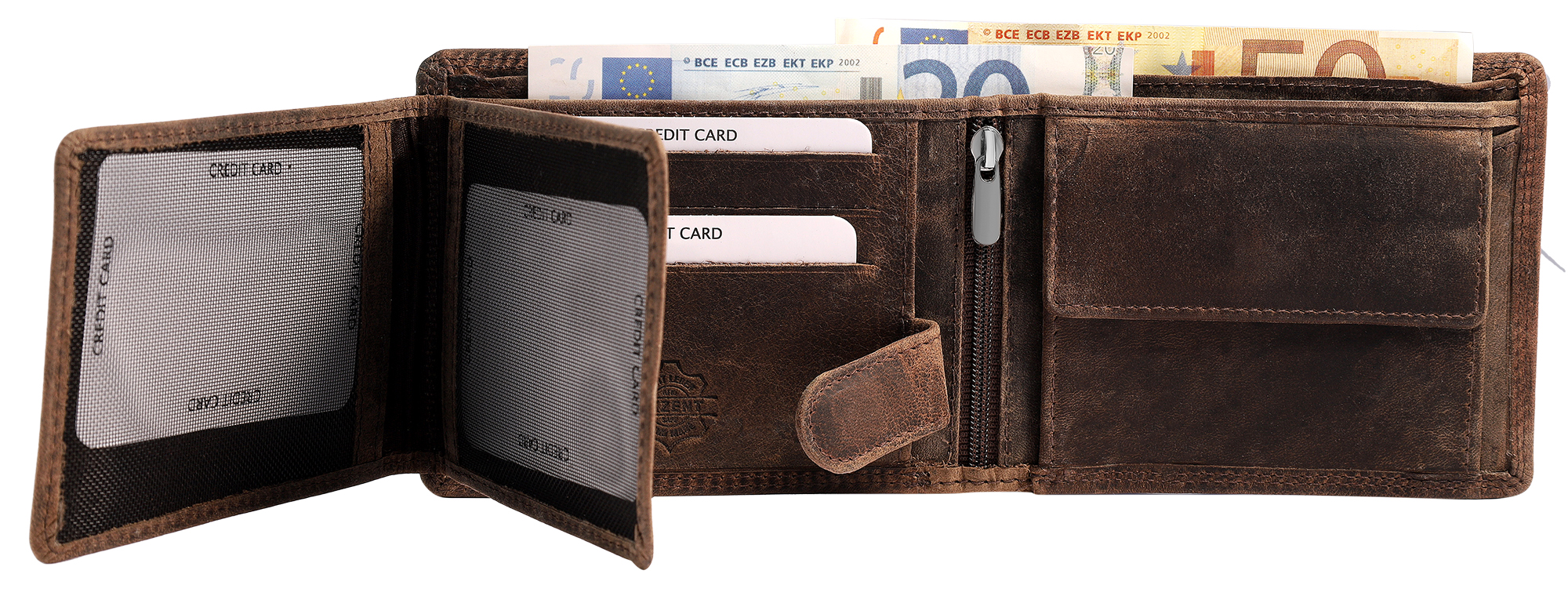 Akzent Echt Leder (Hunter-Leder) Geldbörse, RFID, Querformat, "Segelschiff", braun