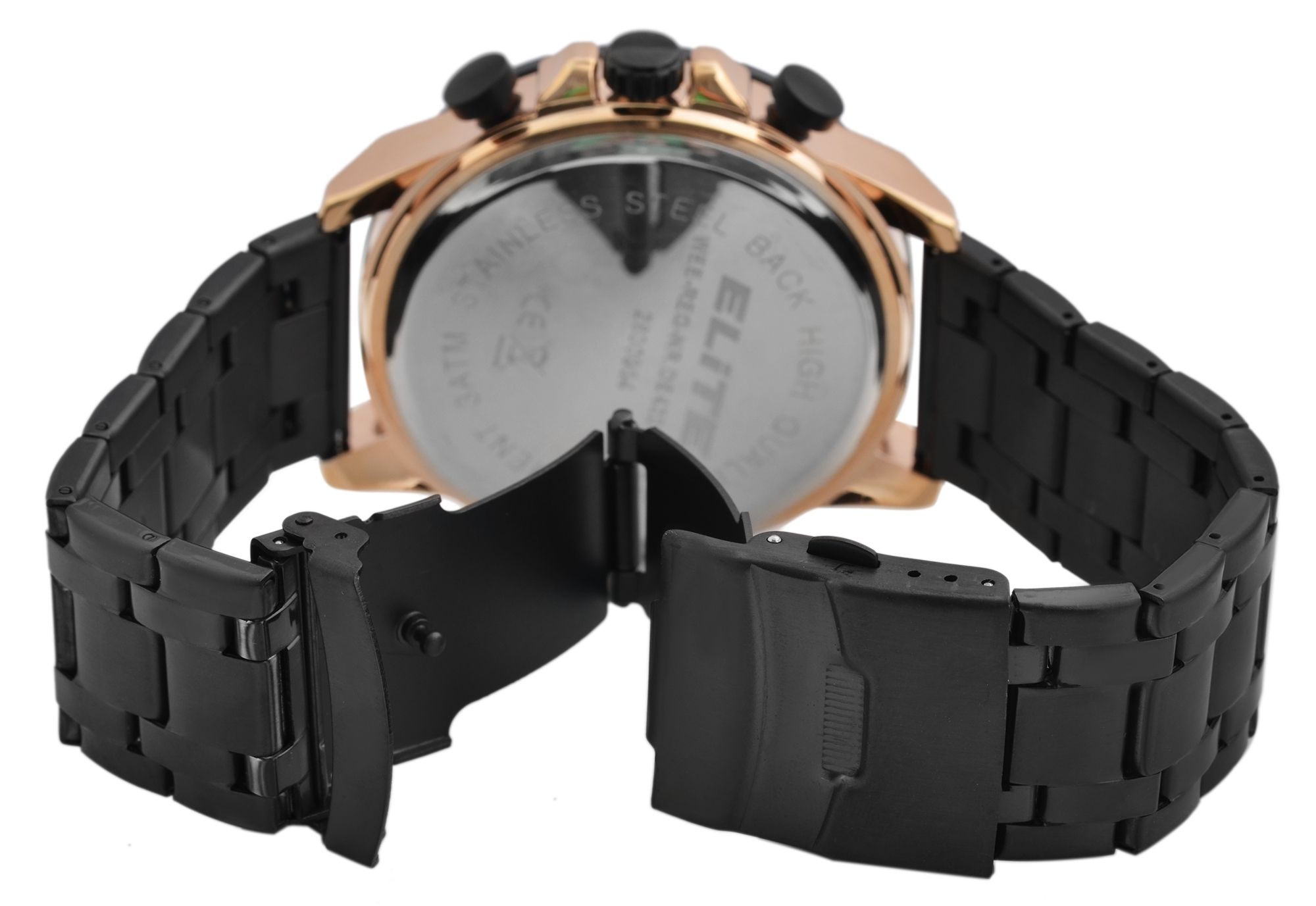 Elite Herren Chronograph mit Metallband, 3ATM, Schwarz/ goldfarbig