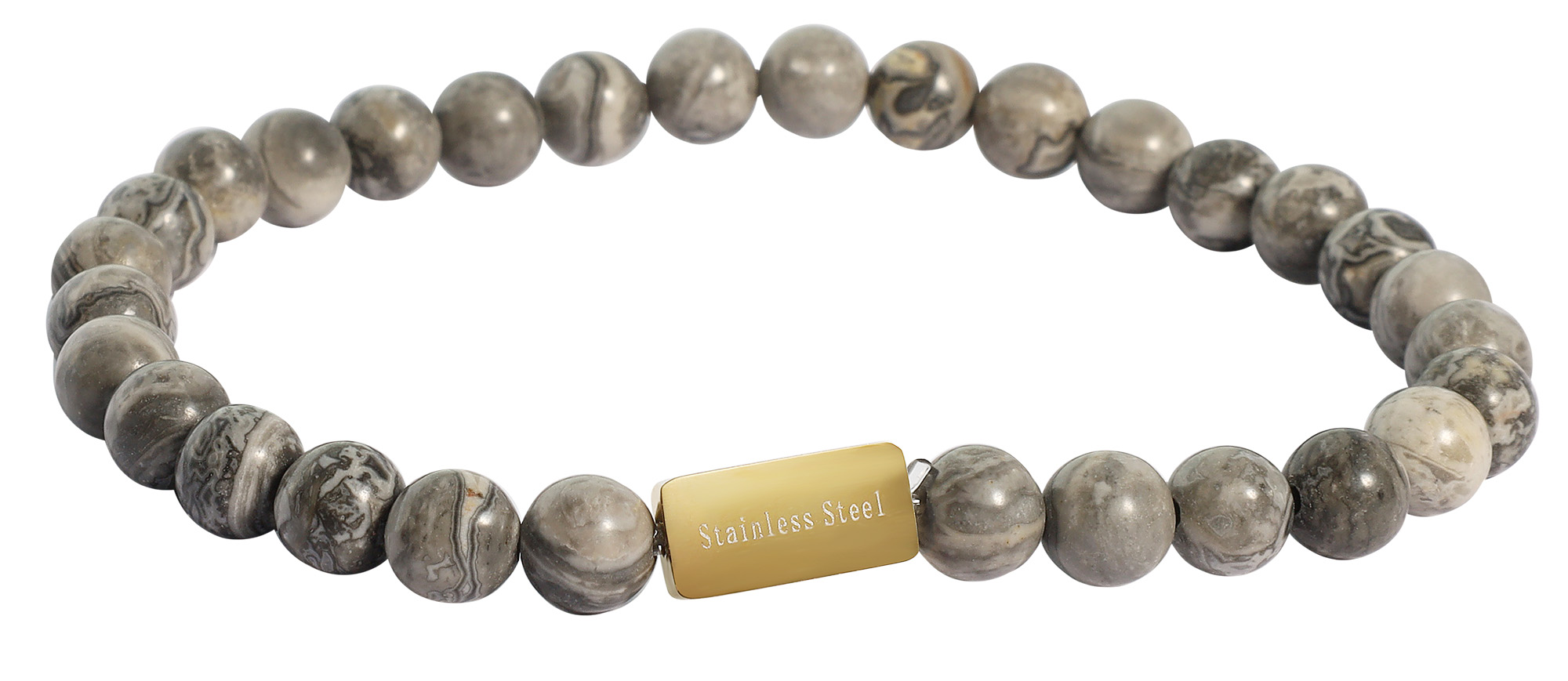 "Bodhi" Akzent Kugelarmband, Naturstein (net jasper), gravurfähiges Edelstahlelement