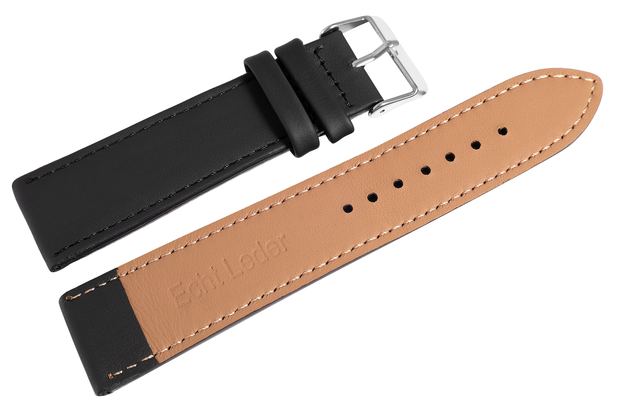 Echtleder Uhrenarmband, schwarz, flach, VE-6, 20 mm